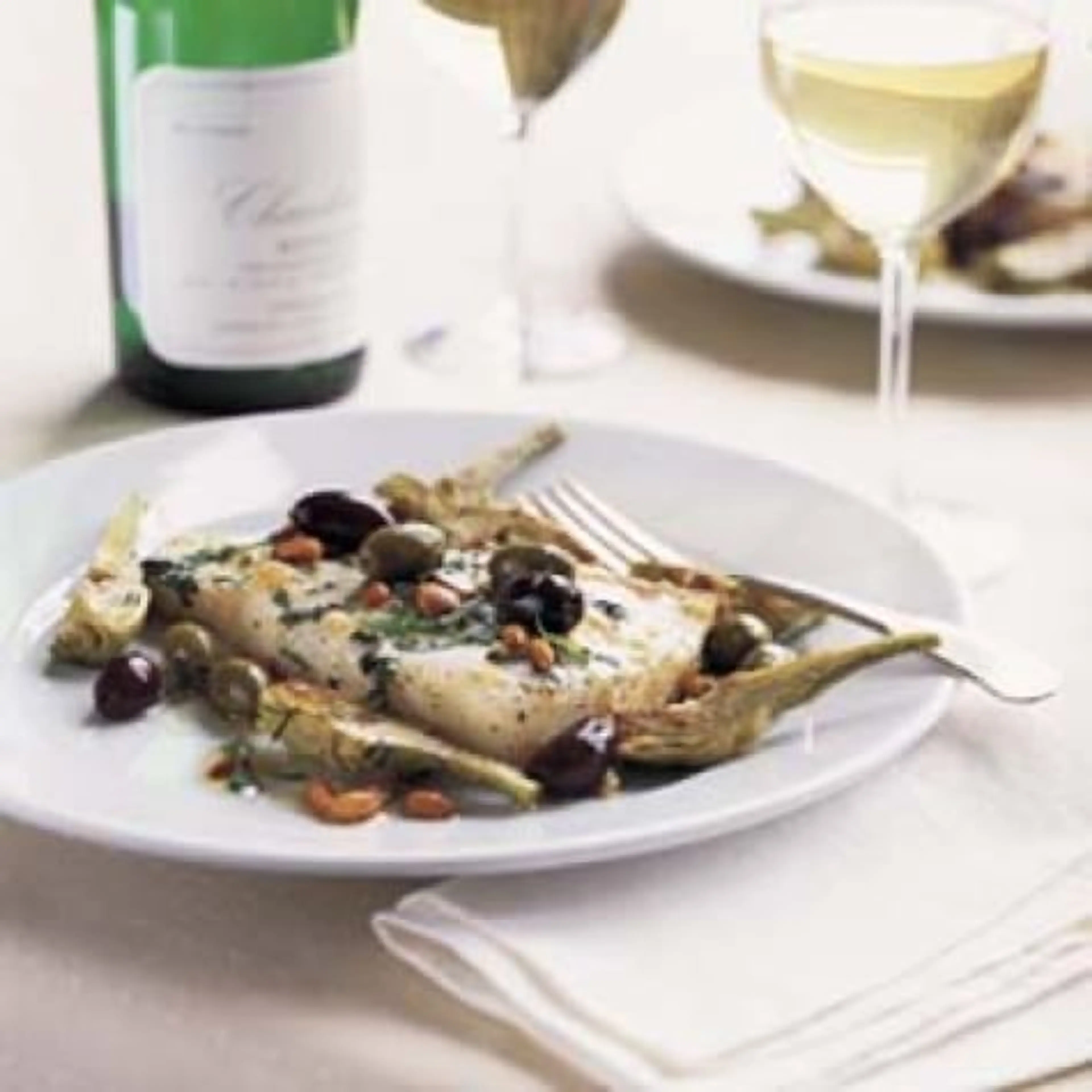 Fish with Olives, Pine Nuts, Basil and Wine