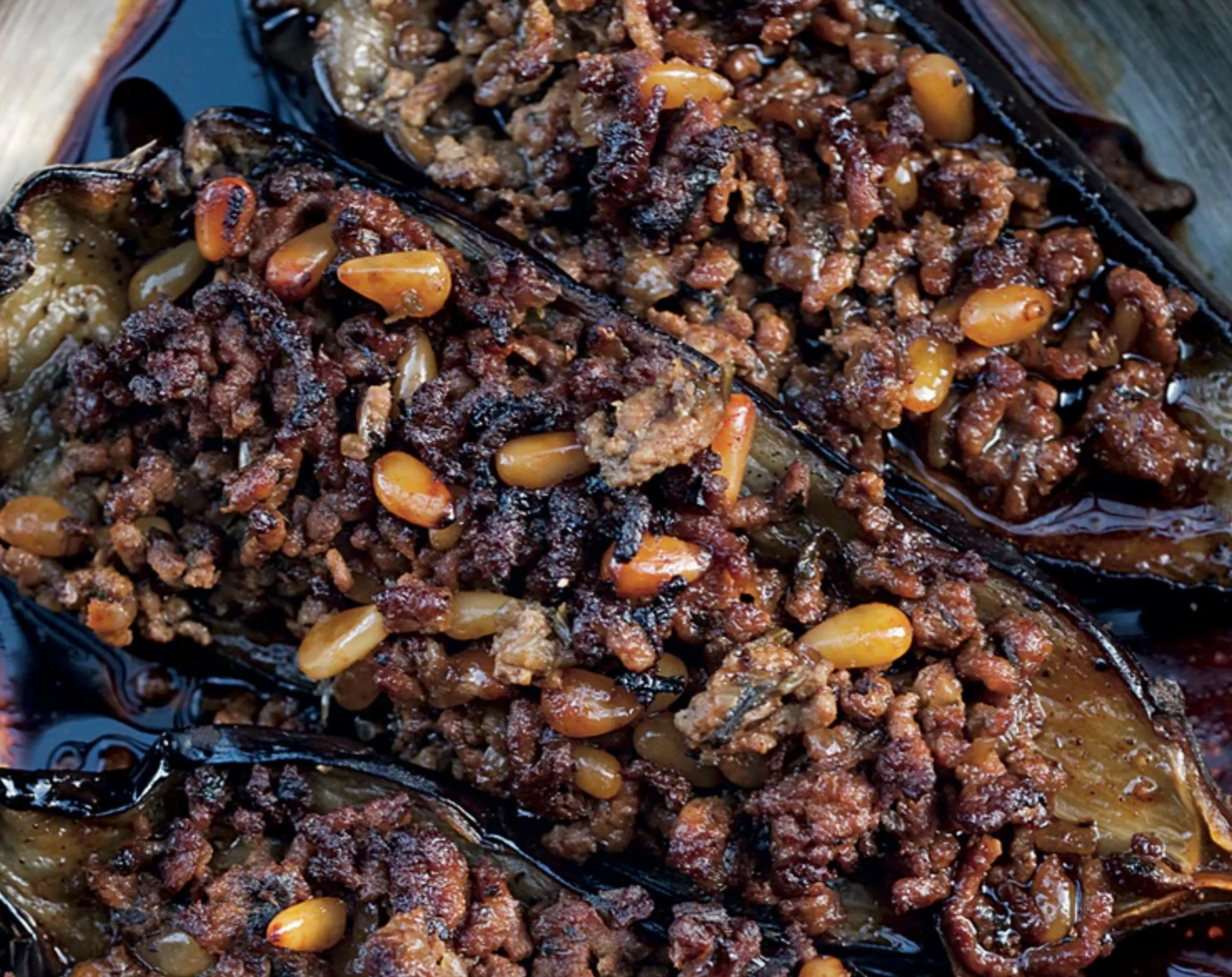 Eggplant Roasted with Spiced Lamb and Pine Nuts