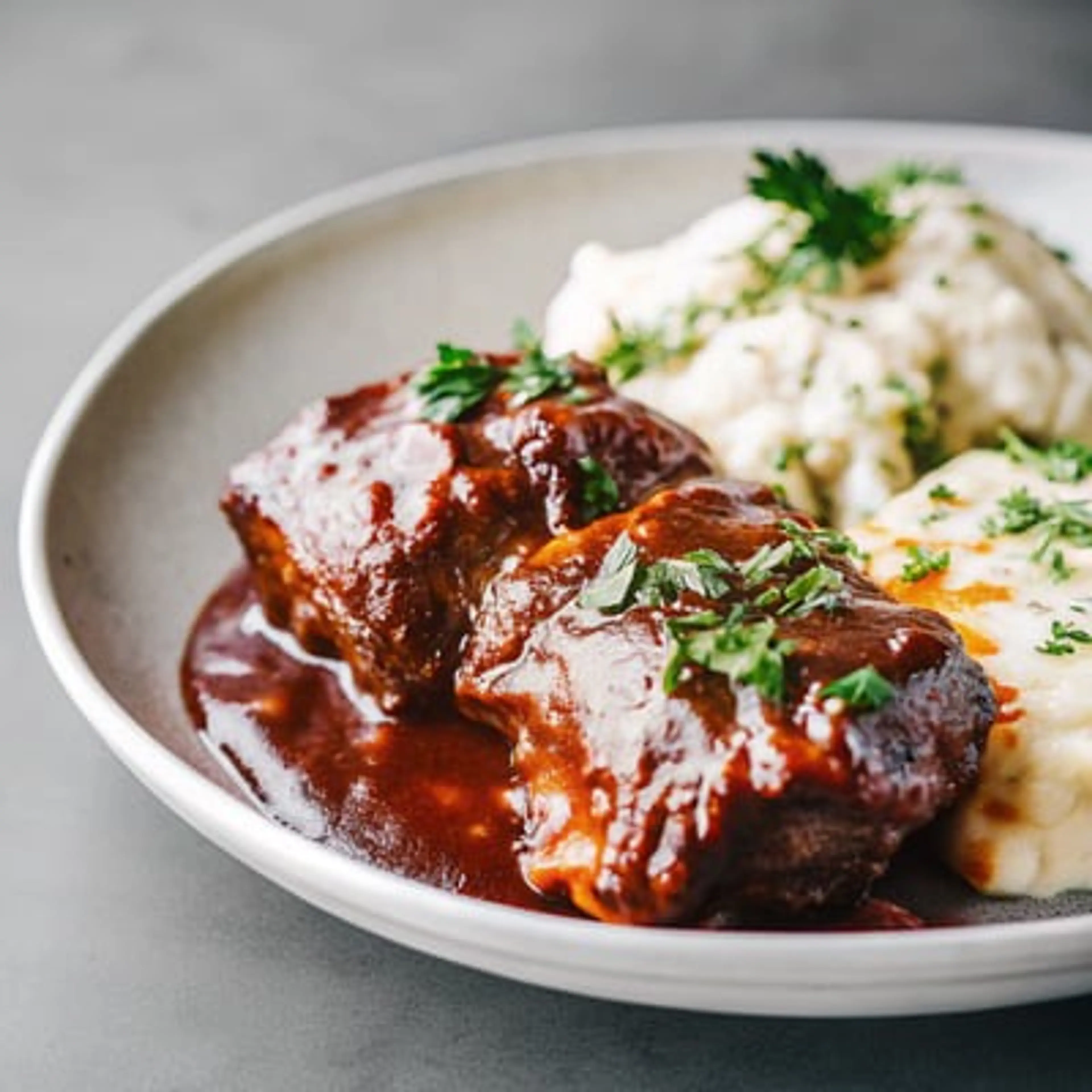 Garlic Red Wine Braised Short Ribs with Creme Fraiche Mash