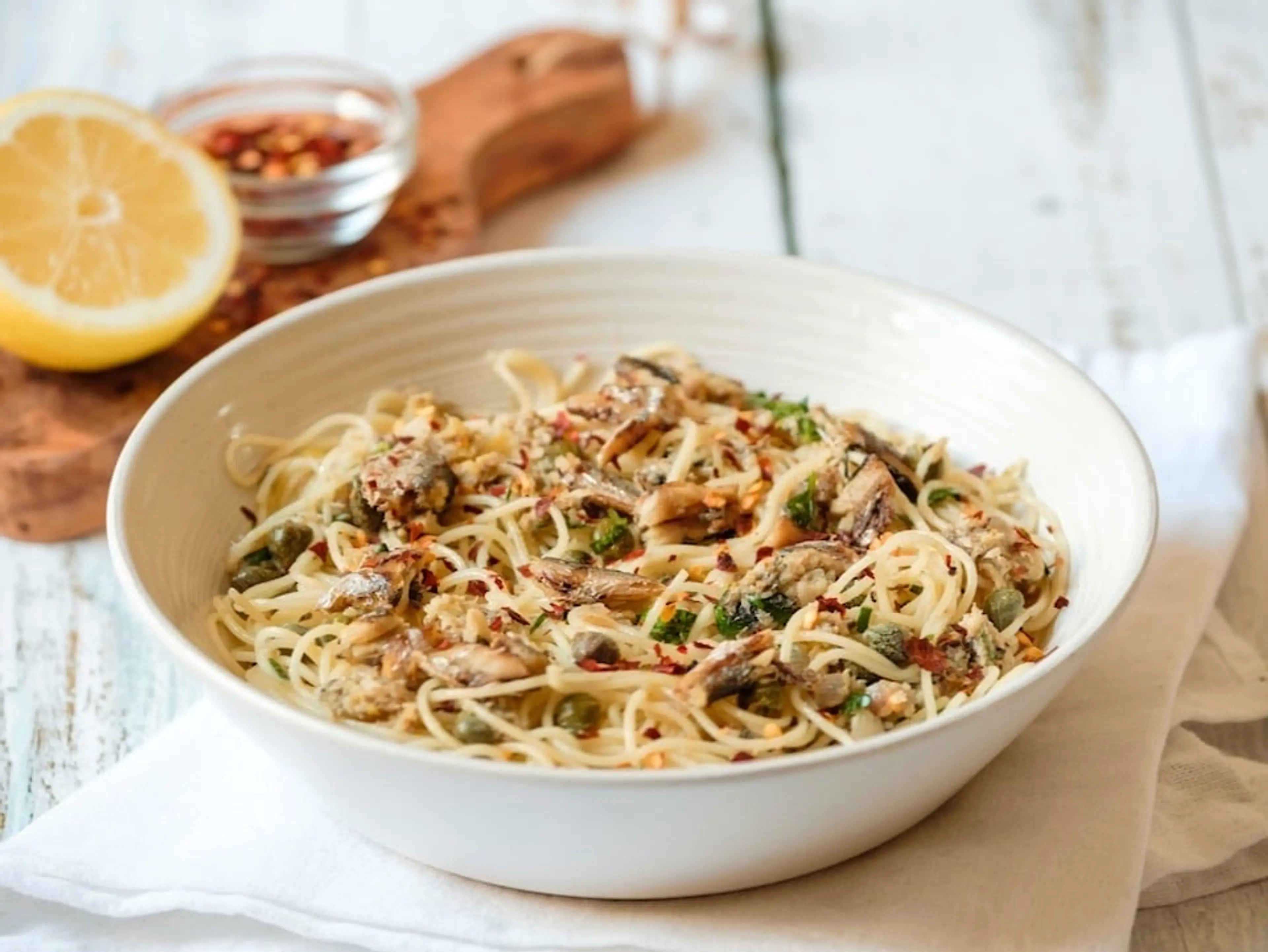 Sardine Pasta with Lemon, Capers and Chili Flakes