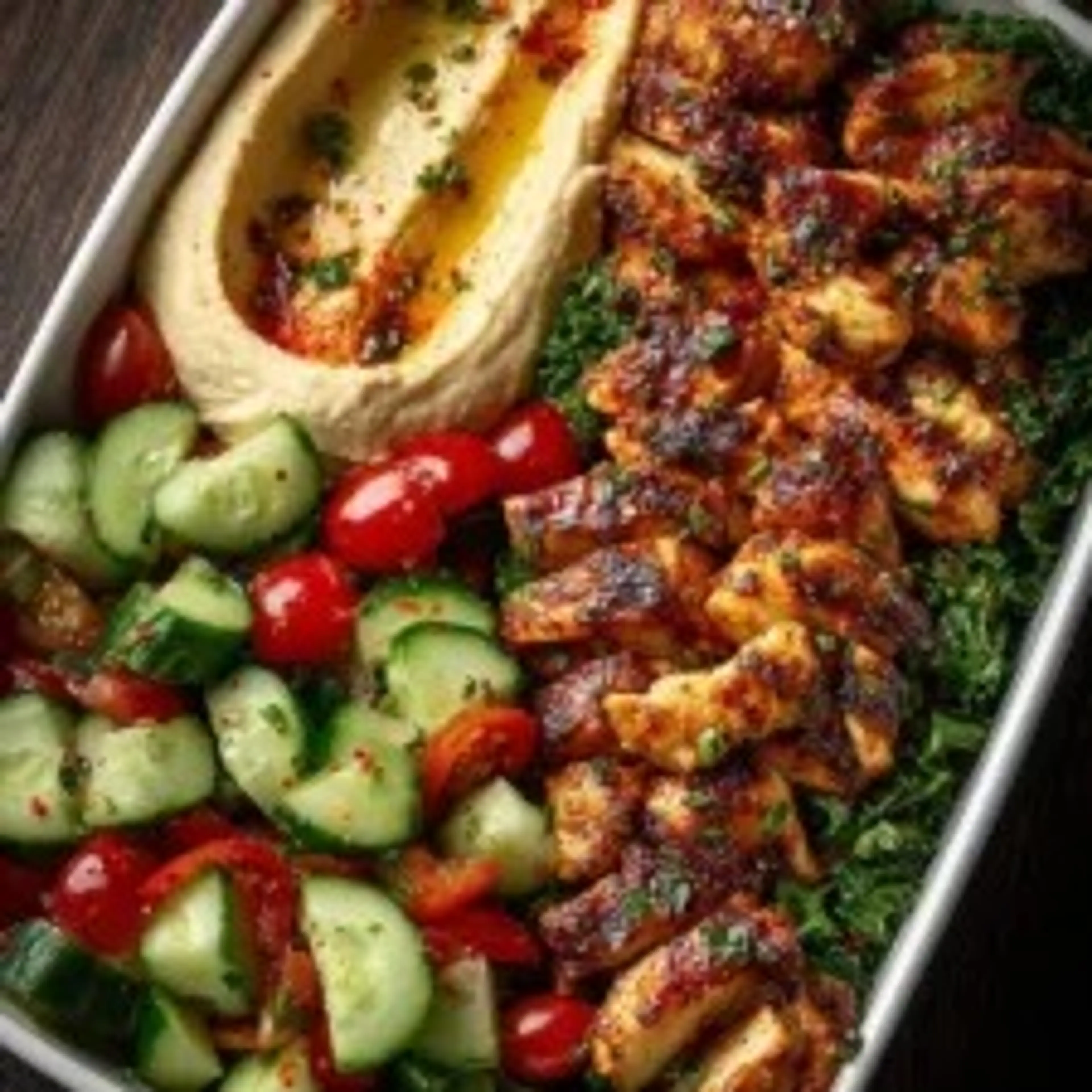 Spicy Garlic Chicken Bowl with Hummus and Cucumber Salad
