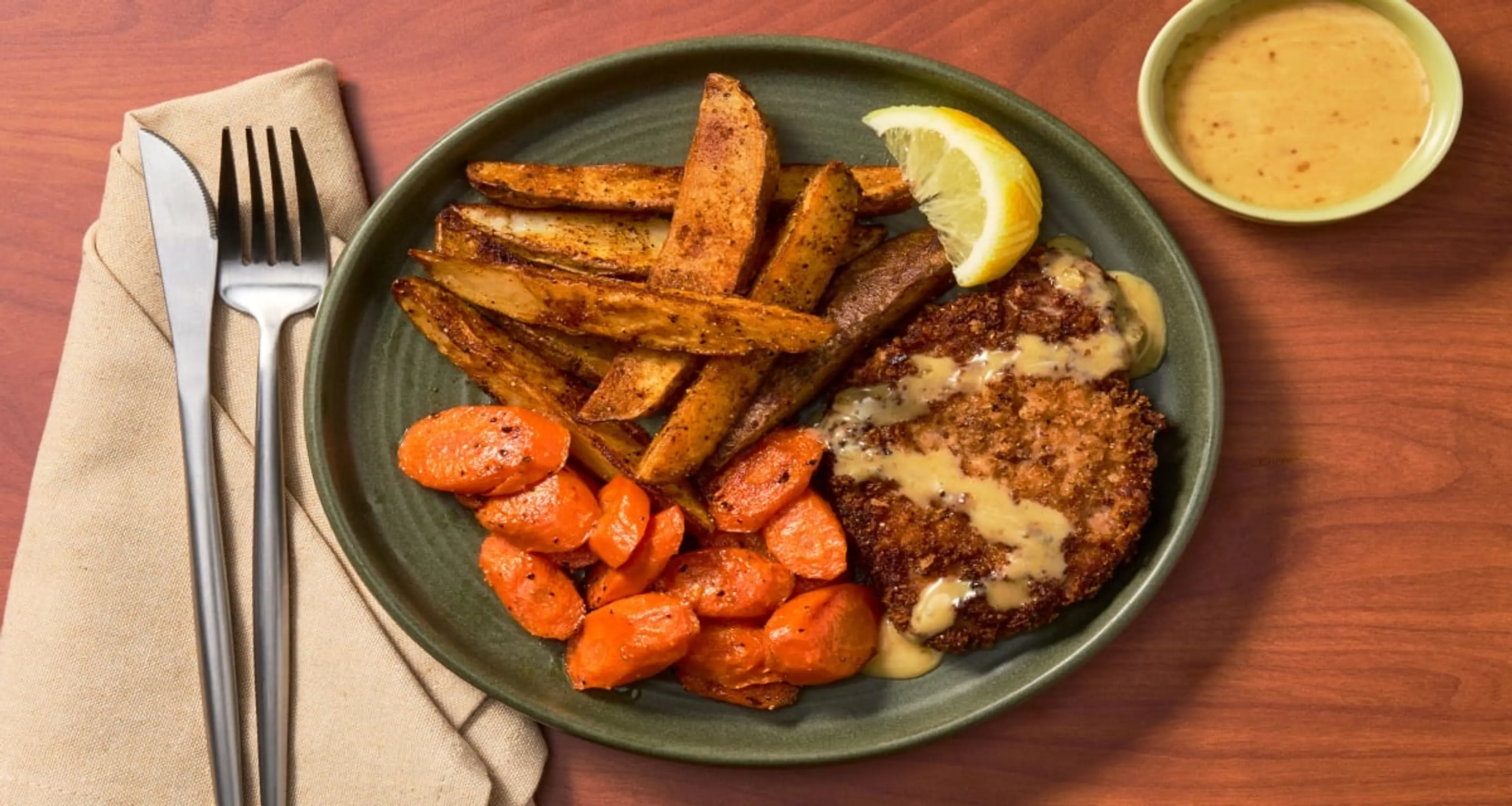 Pork Schnitzel with Roasted Veggies & a Creamy Mustard Sauce