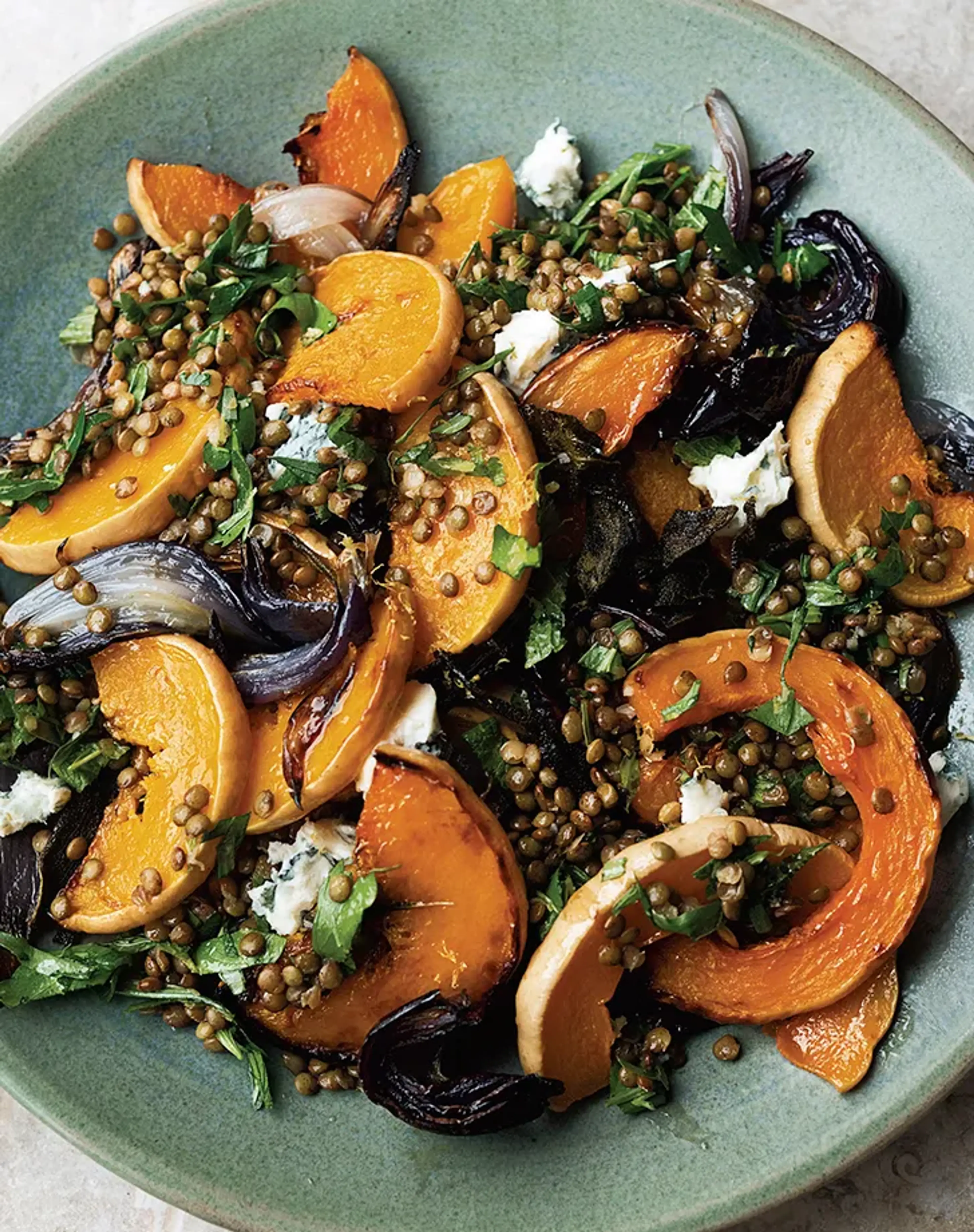Roasted squash with lentils and gorgonzola