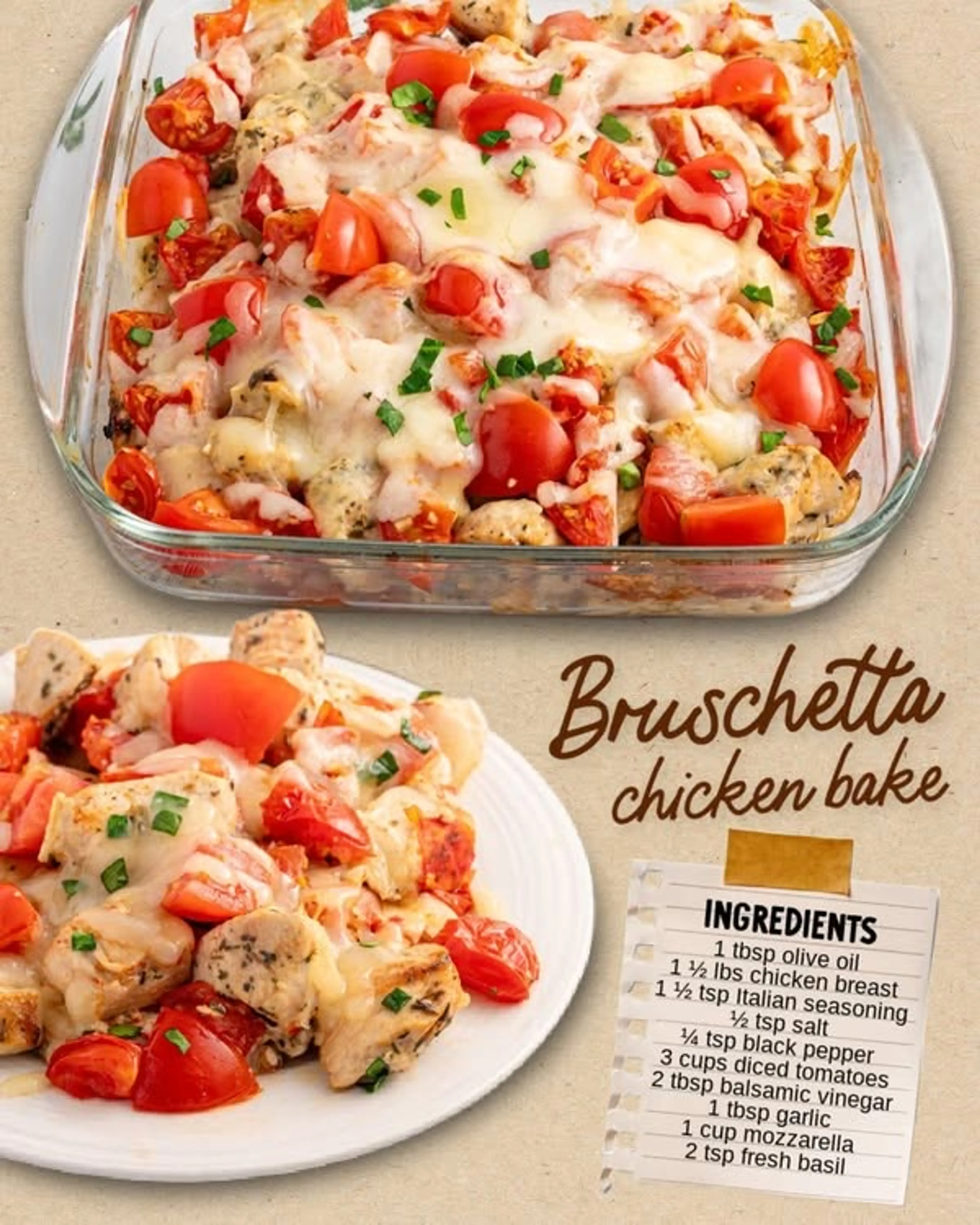 Bruschetta Chicken Bake: Juicy Chicken, Garlic, Tomatoes, Ba