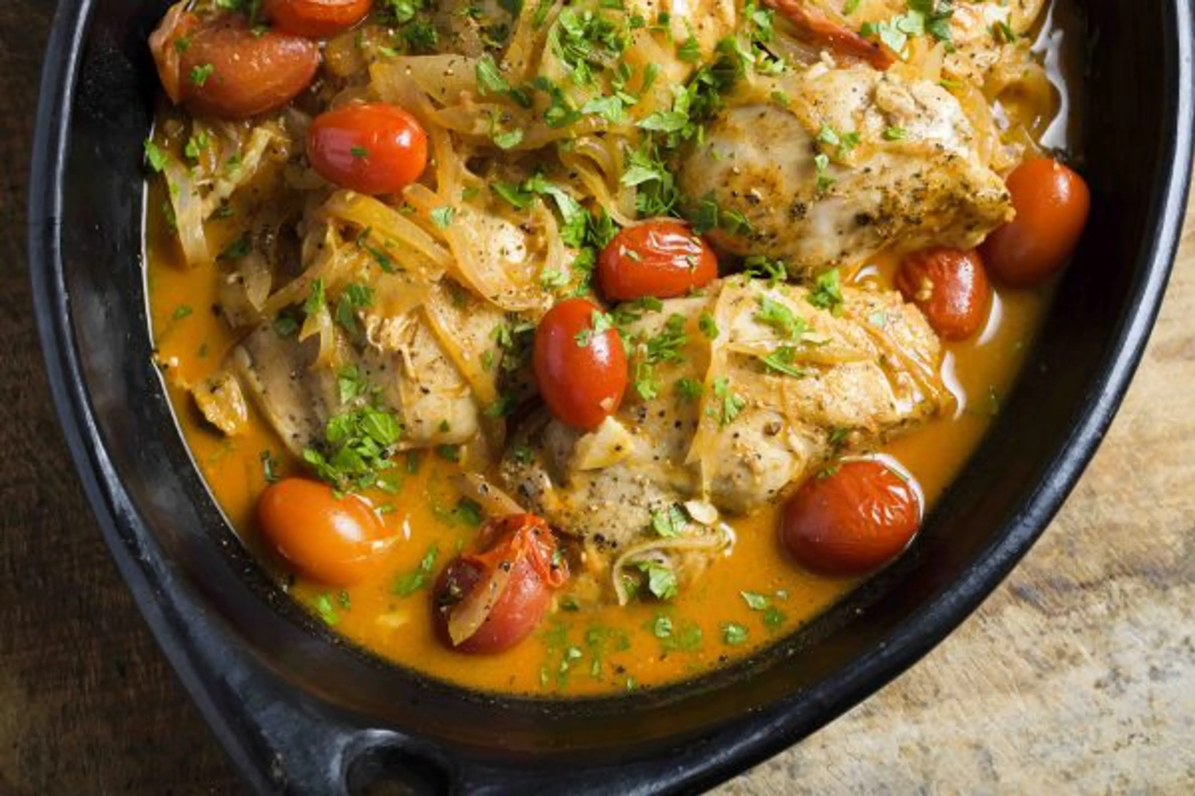 Braised Chicken with Tomatoes, Mustard and Brandy
