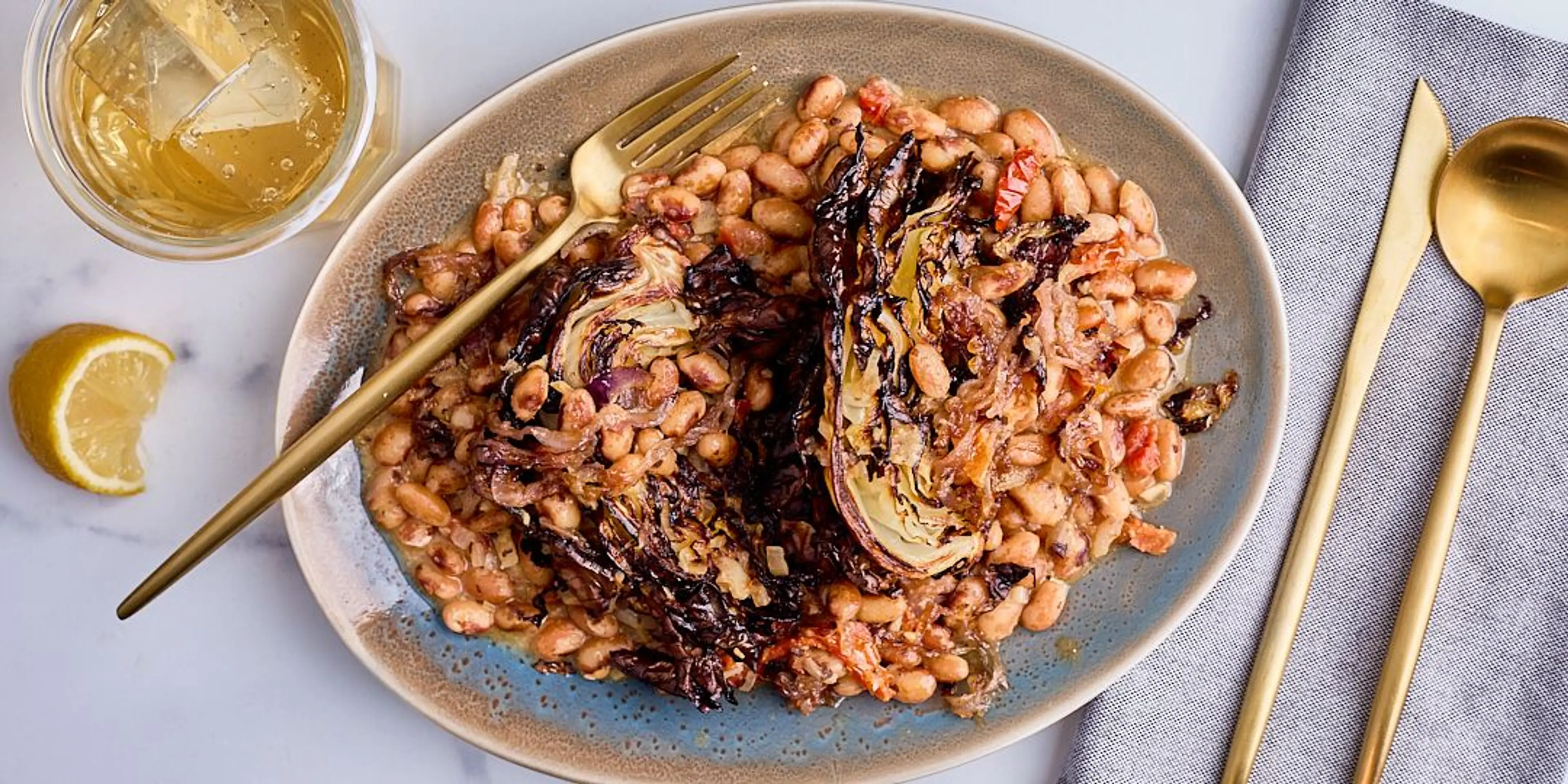 CHARRED CABBAGE WITH MISO BEANS AND FRIZZLED ONIONS
