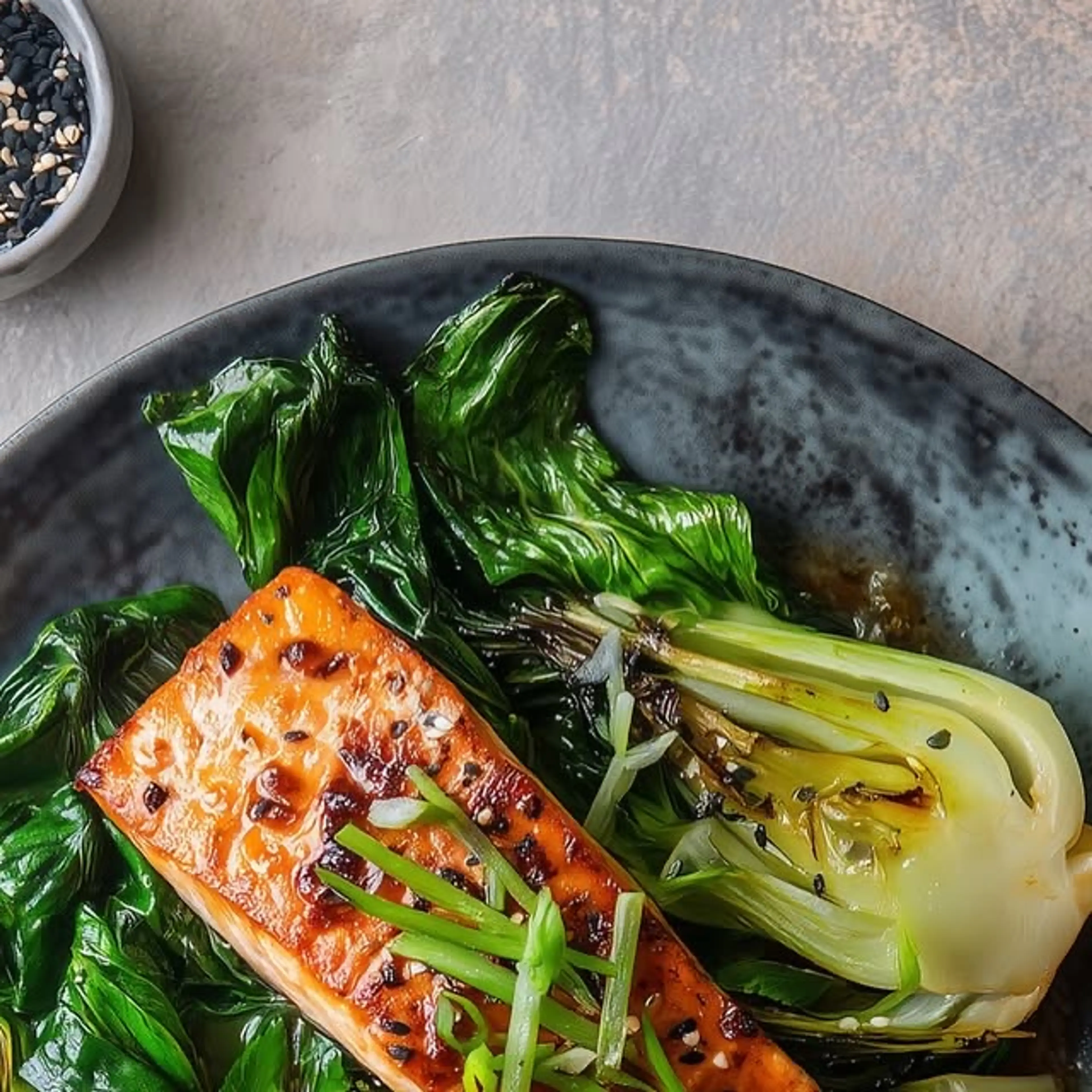 Miso-Marinated salmon with garlic bok choy