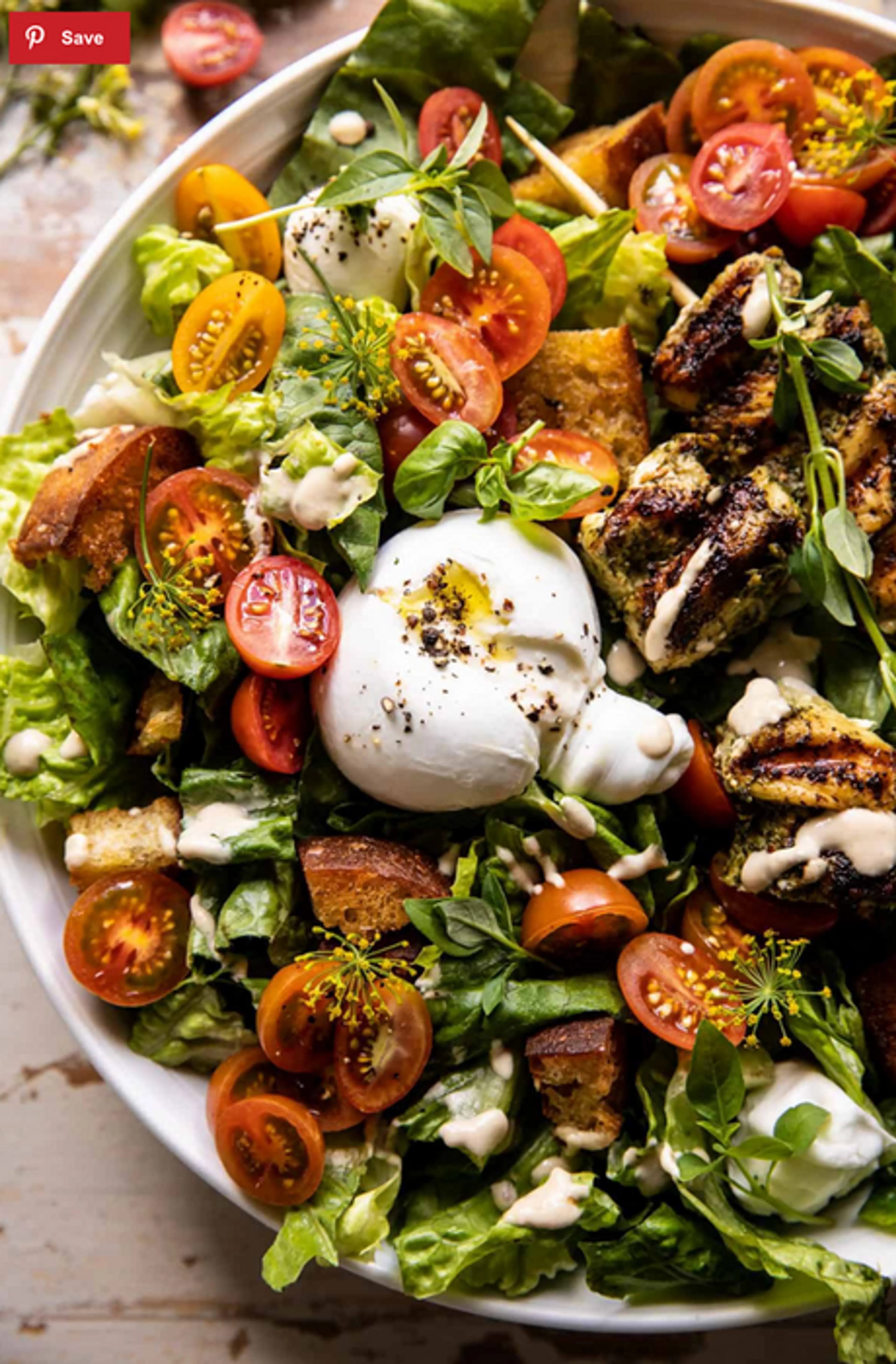 Pesto Chicken Caesar Salad with Tomatoes and Burrata