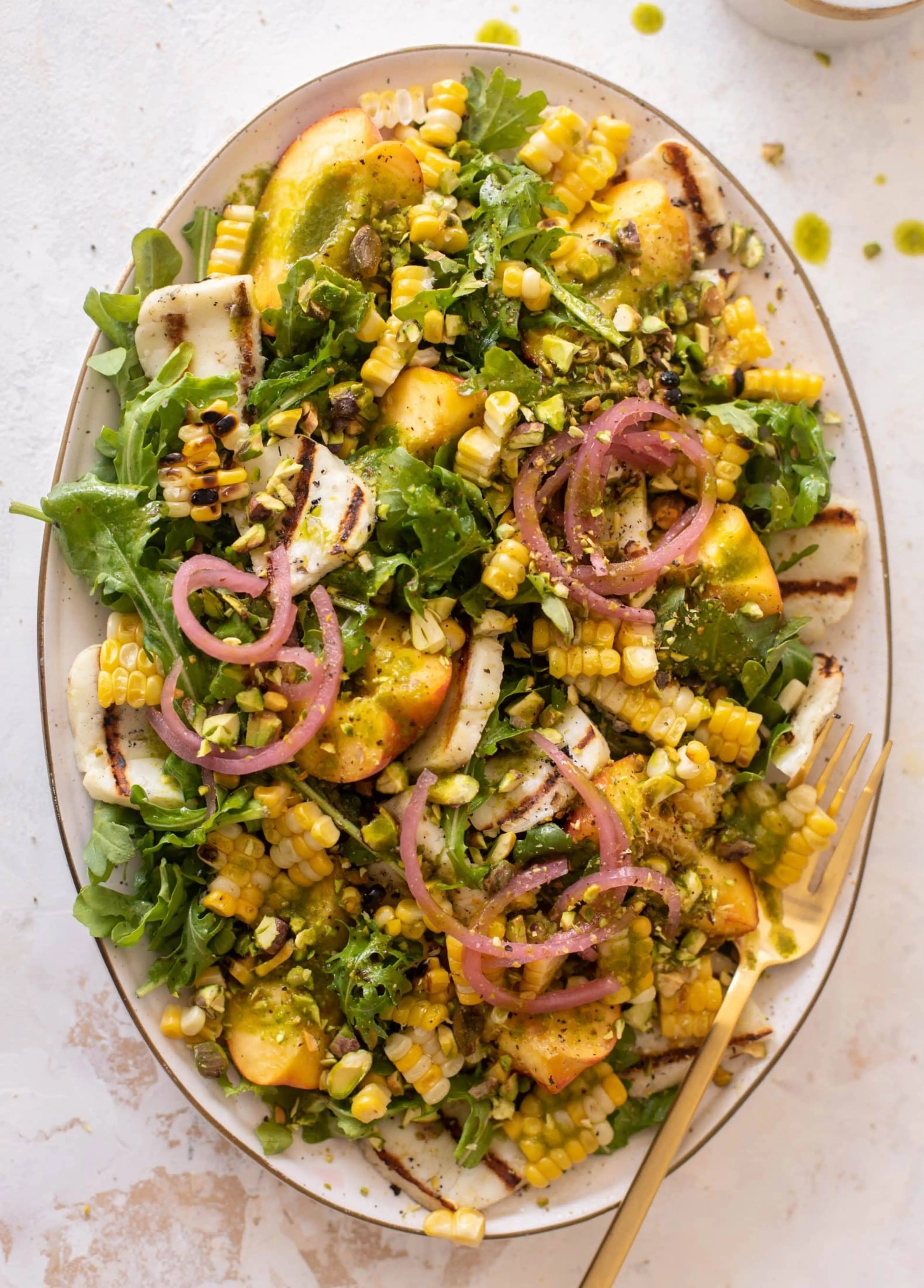 Grilled Halloumi Corn and Peach Summer Salad