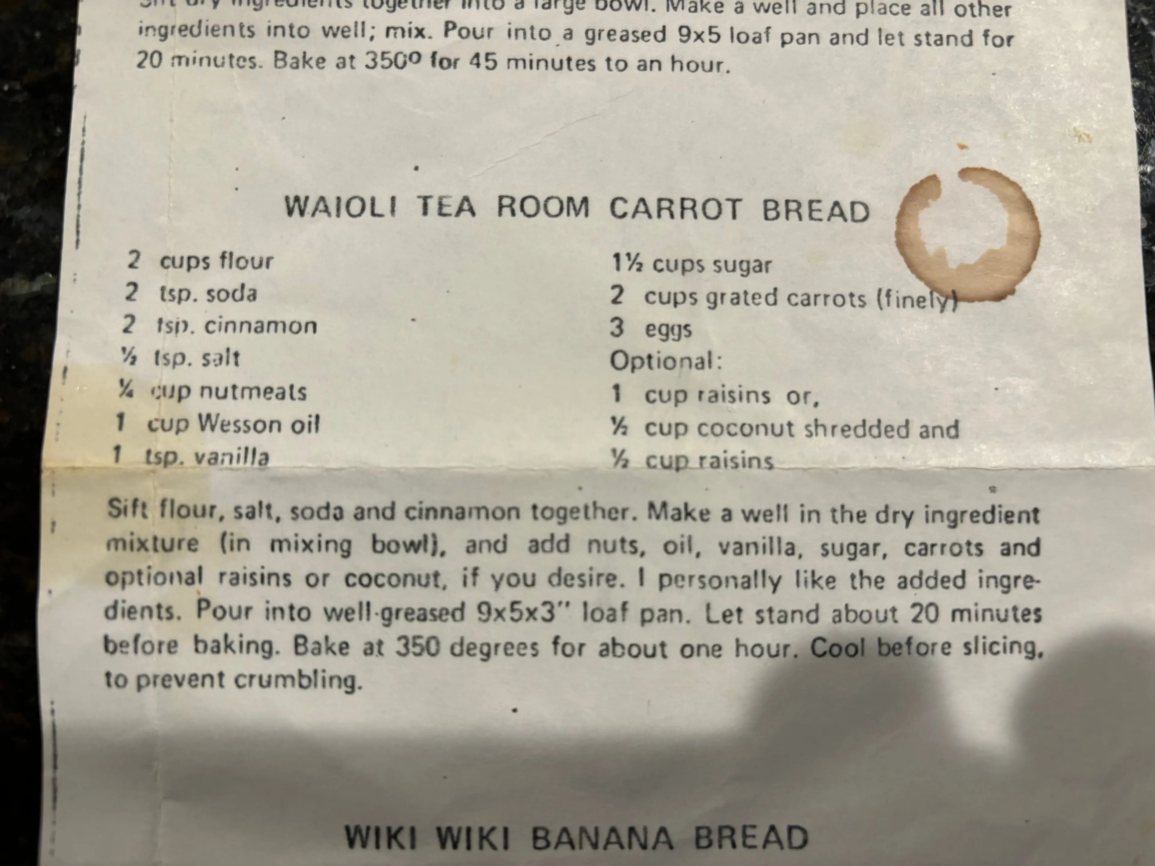 WAIOLI TEA ROOM CARROT BREAD