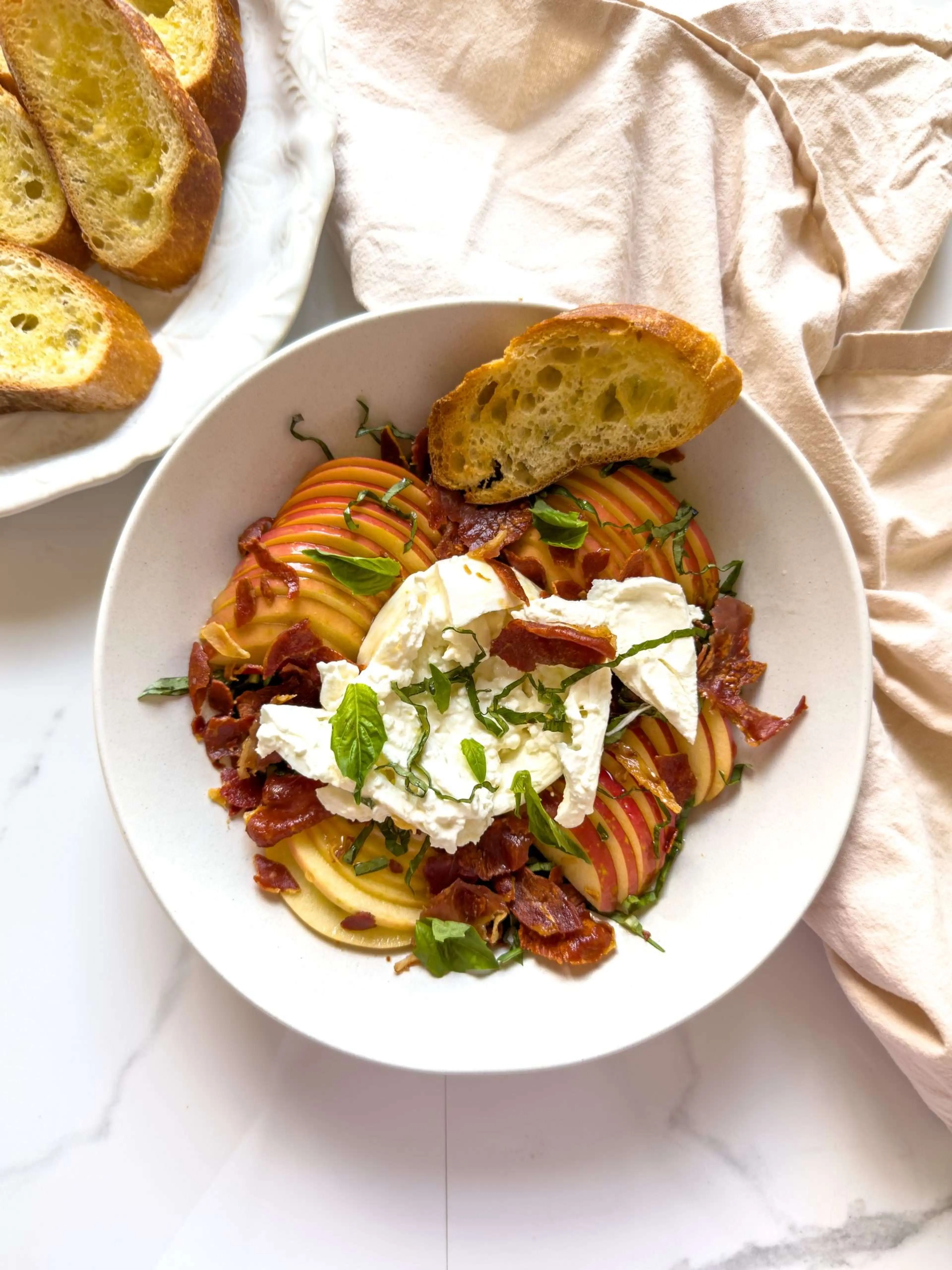 Apple & Burrata with Honey, Crispy Prosciutto and Garlic Cro