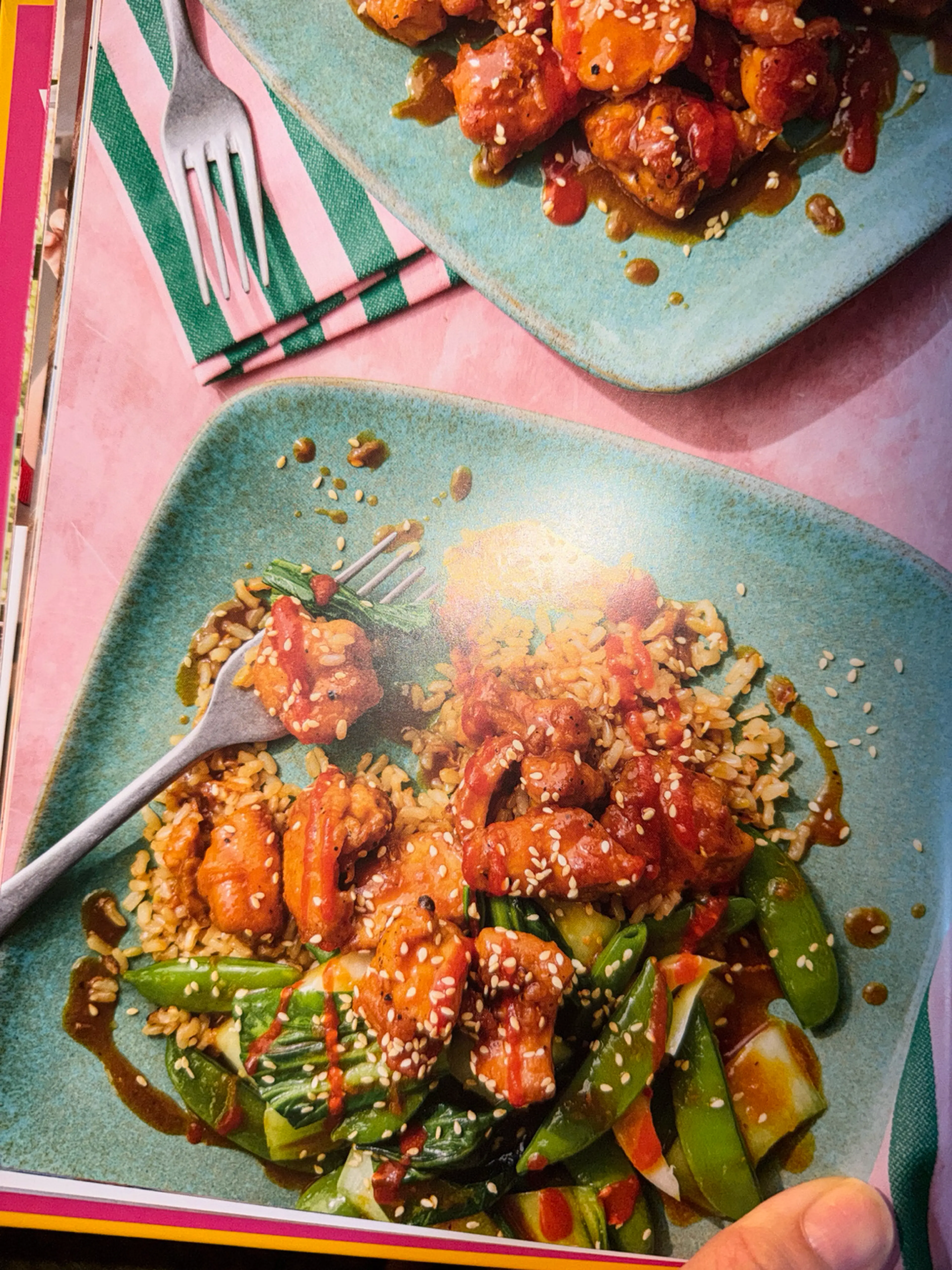 ginger chicken snap peas, and bok choy with Garlicky Brown B
