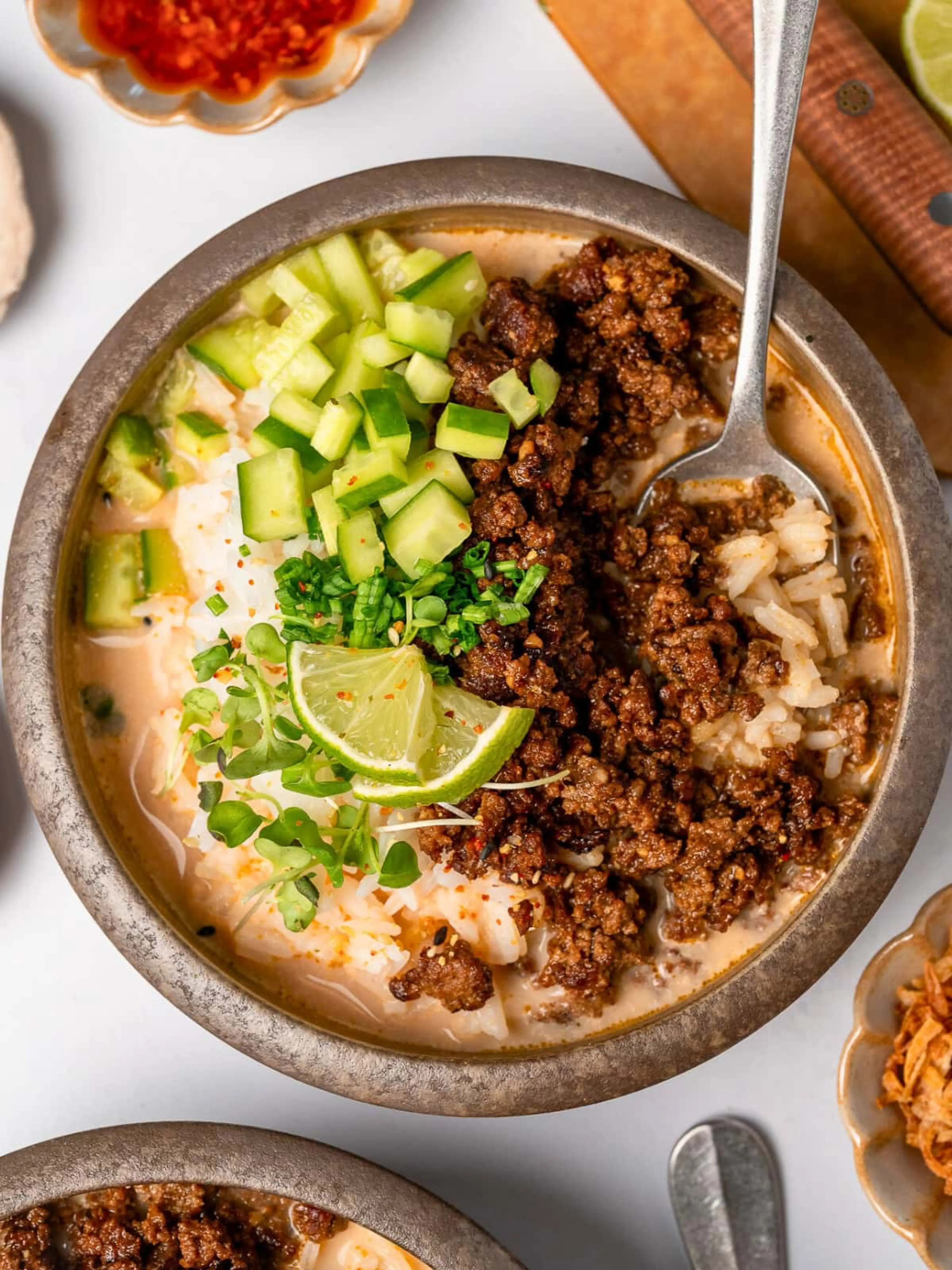 Crispy Beef and Rice Broth Bowls