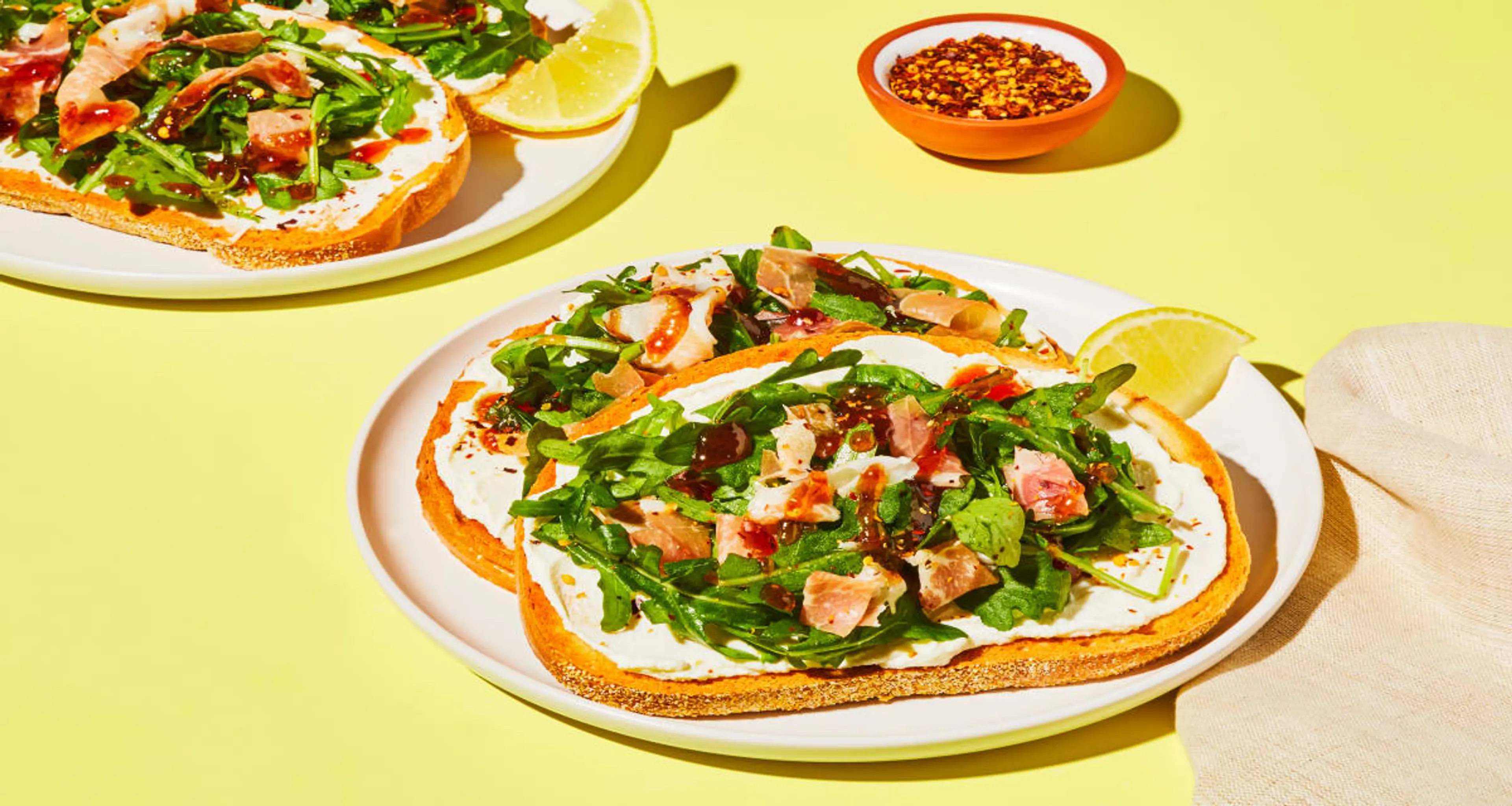 Open-Faced Prosciutto & Jam Sandwiches with Ricotta & Arugul