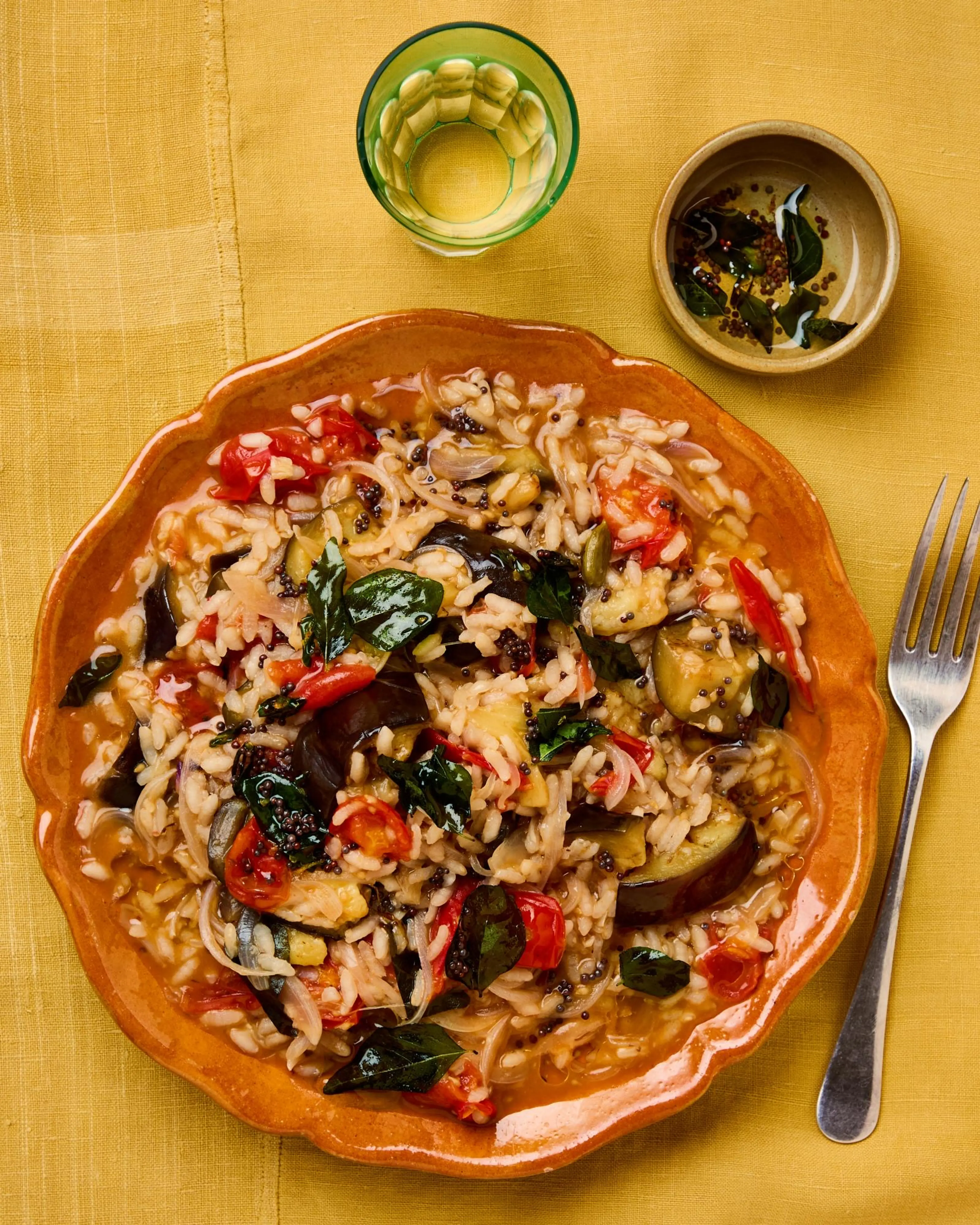 Brothy and spiced aubergine and tomato rice