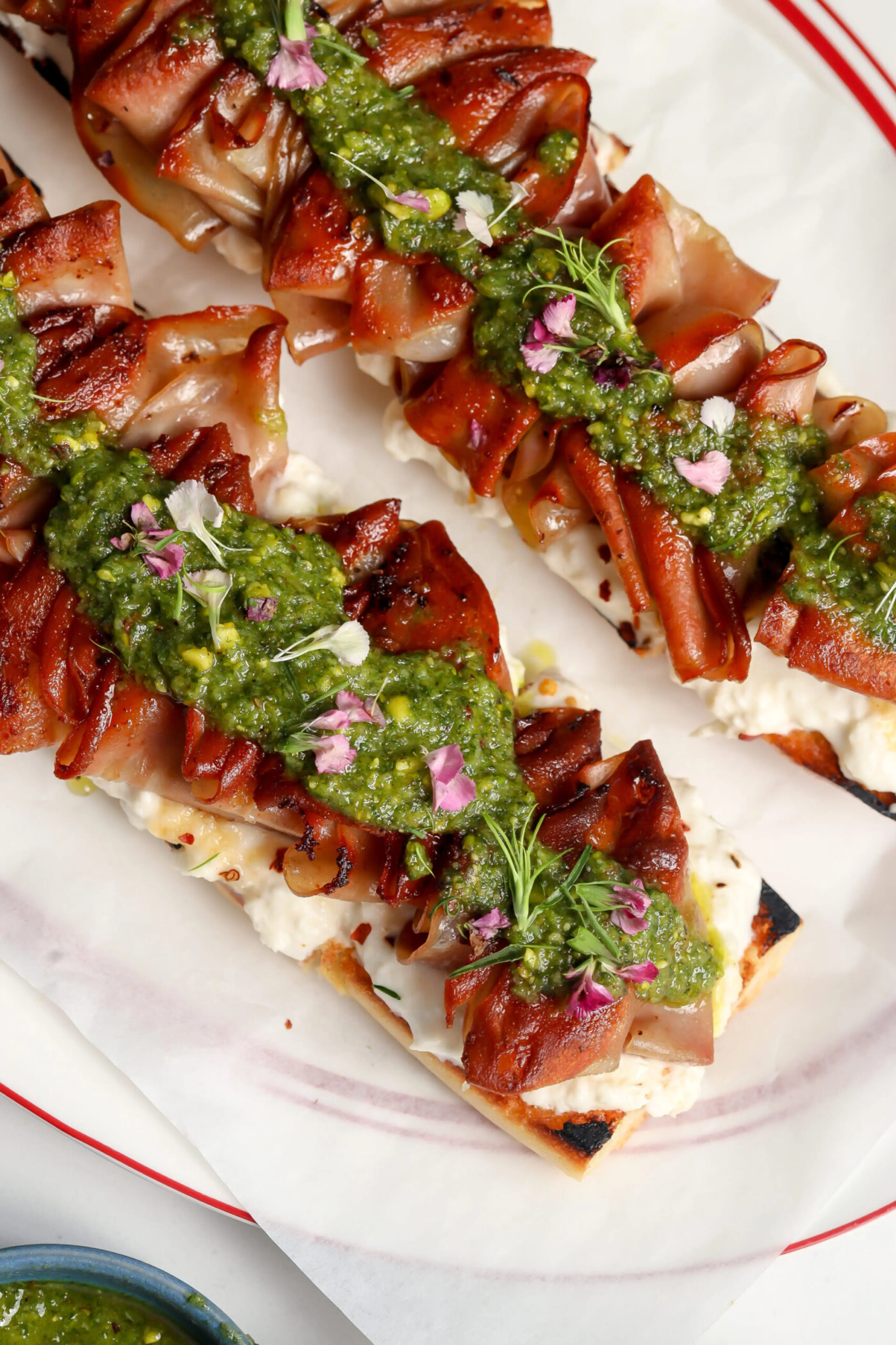 Mortadella Tartine with Stracciatella & Pistachio
