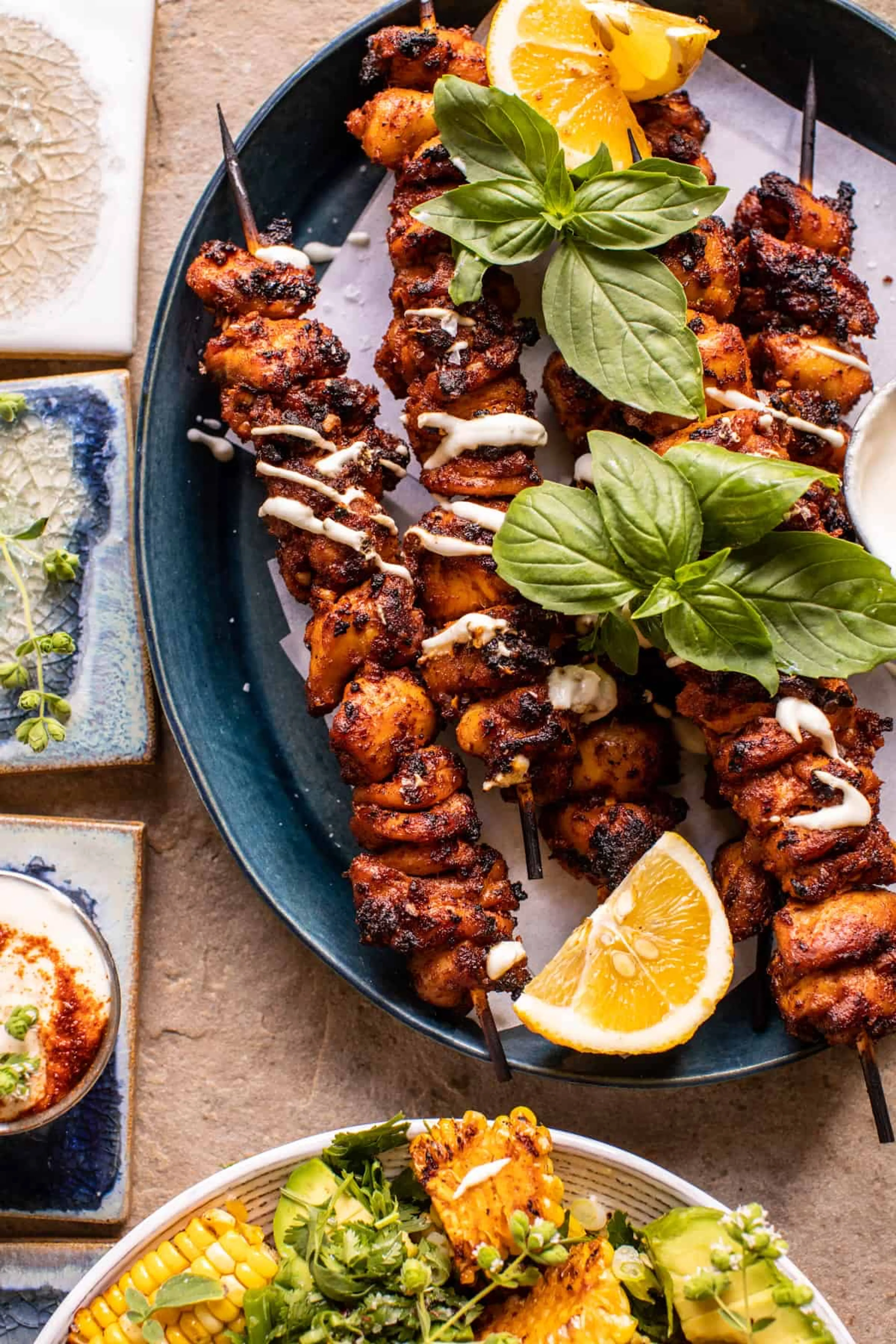 Lemon Feta Paprika Chicken Skewers with Charred Corn