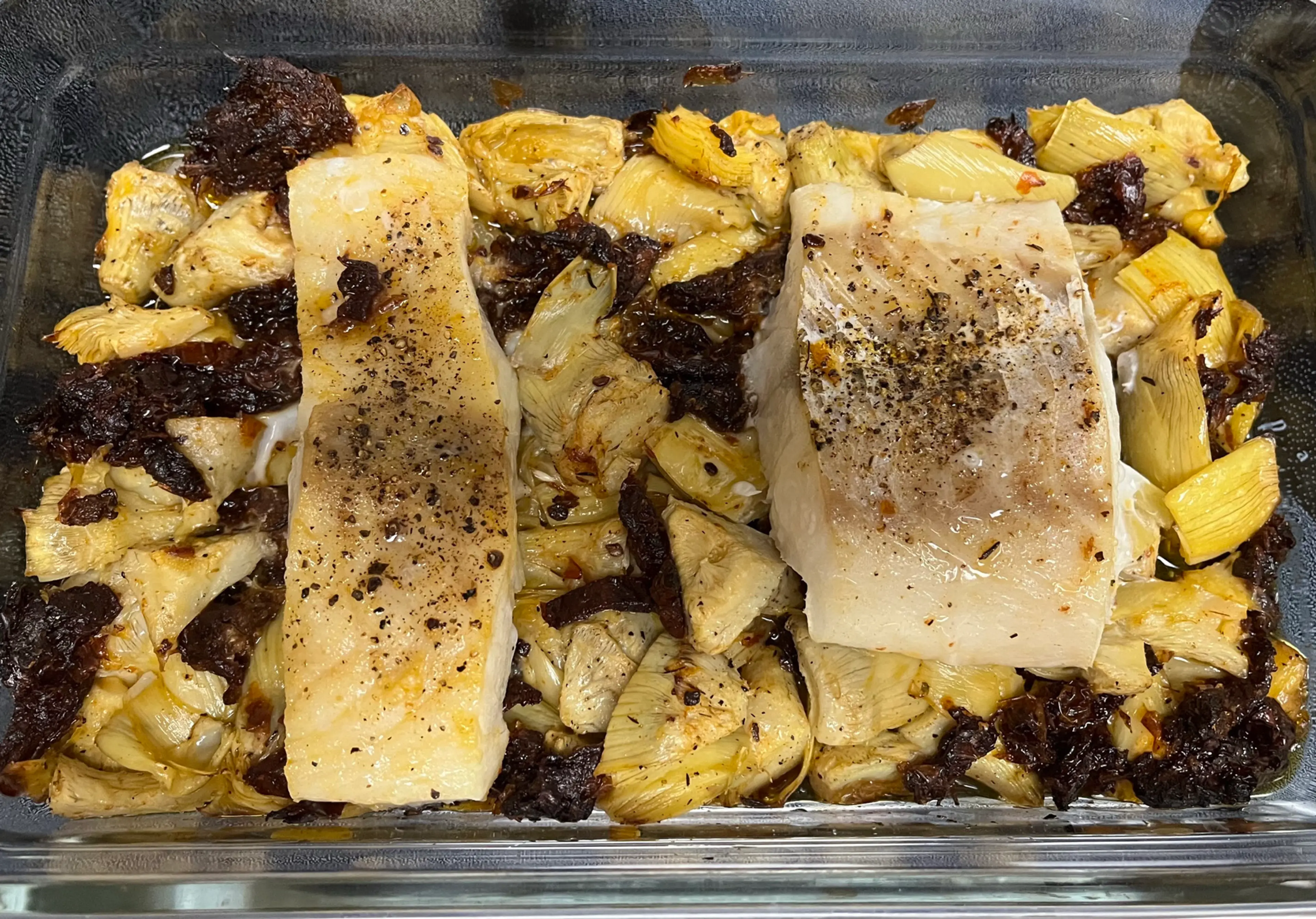 Roasted Cod With Artichokes & Sun-dried Tomatoes