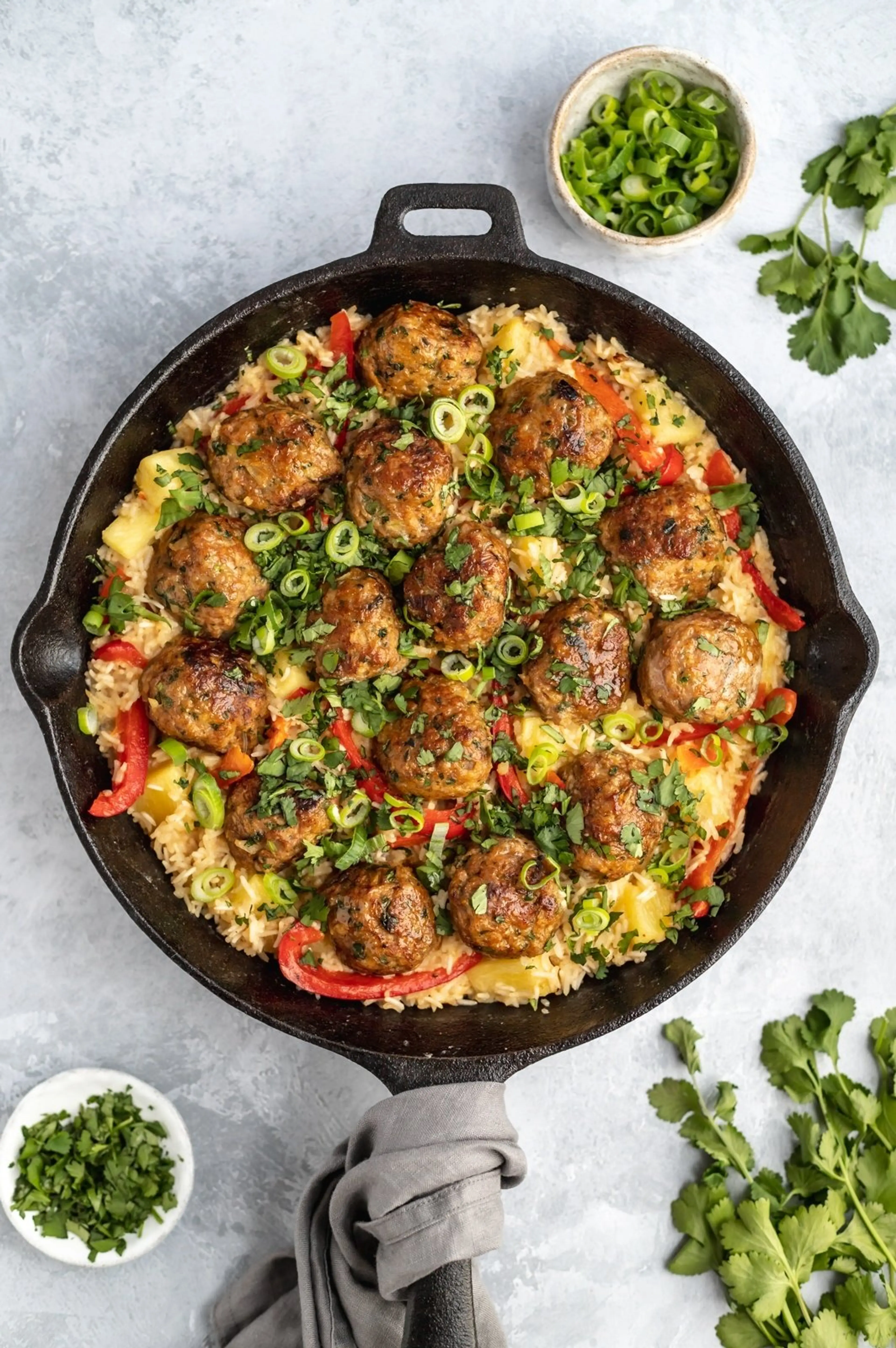 Firecracker Chicken Meatballs with Cilantro Coconut Pineappl