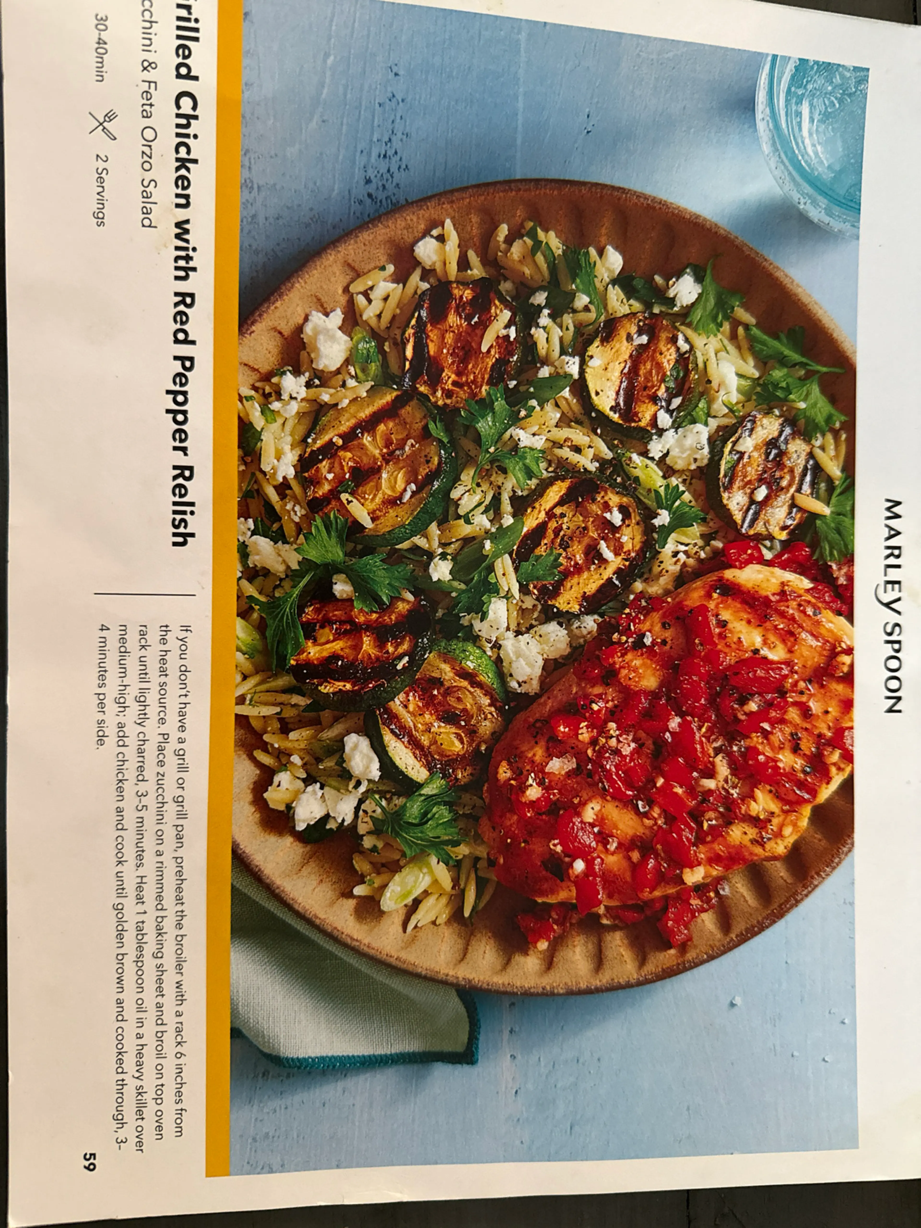 Grilled Chicken With Red Pepper Relish Zucchini & Feta Orzo