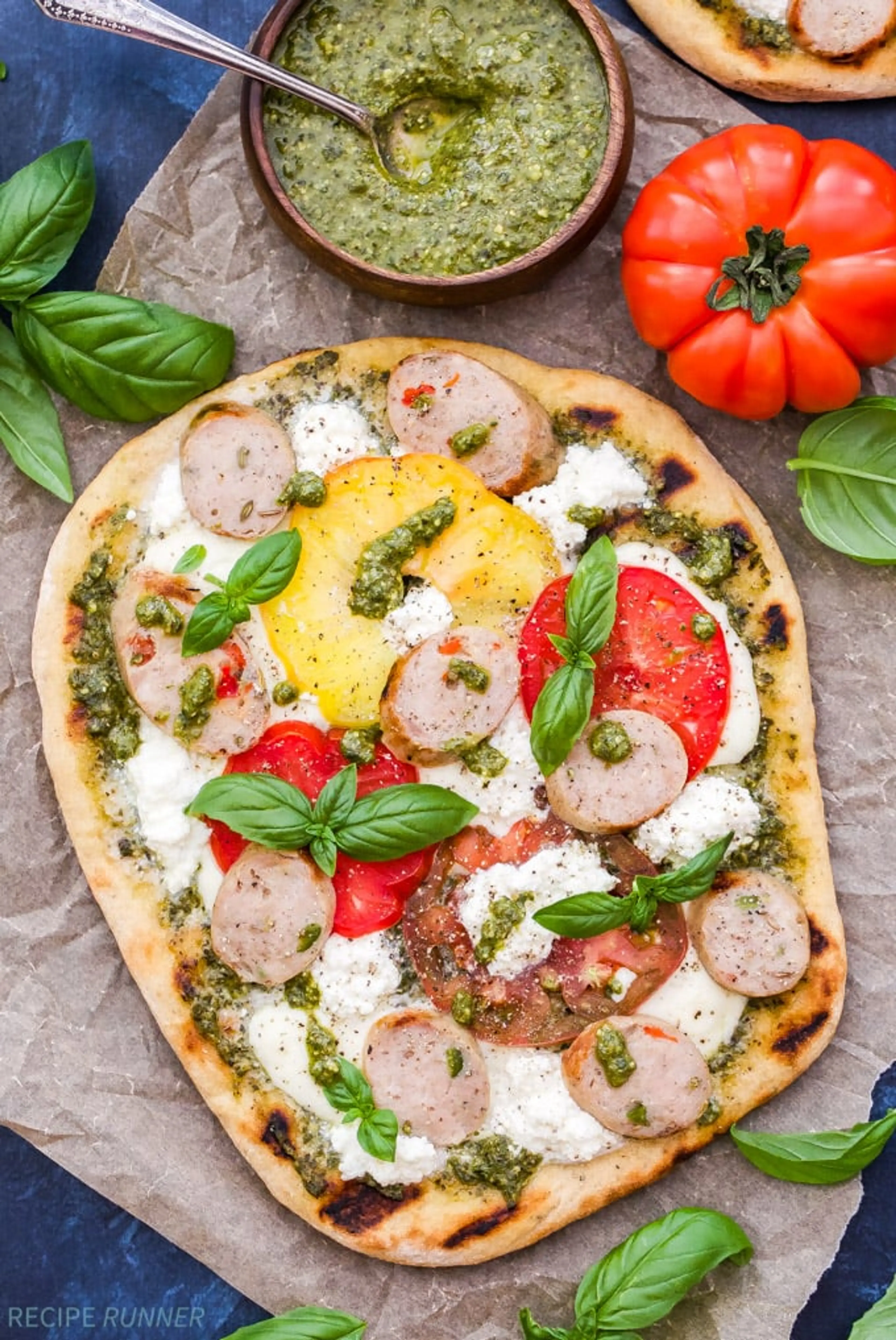 Tomato, Basil, Pesto Pizza w Chicken Sausage, Mozz, Ricotta