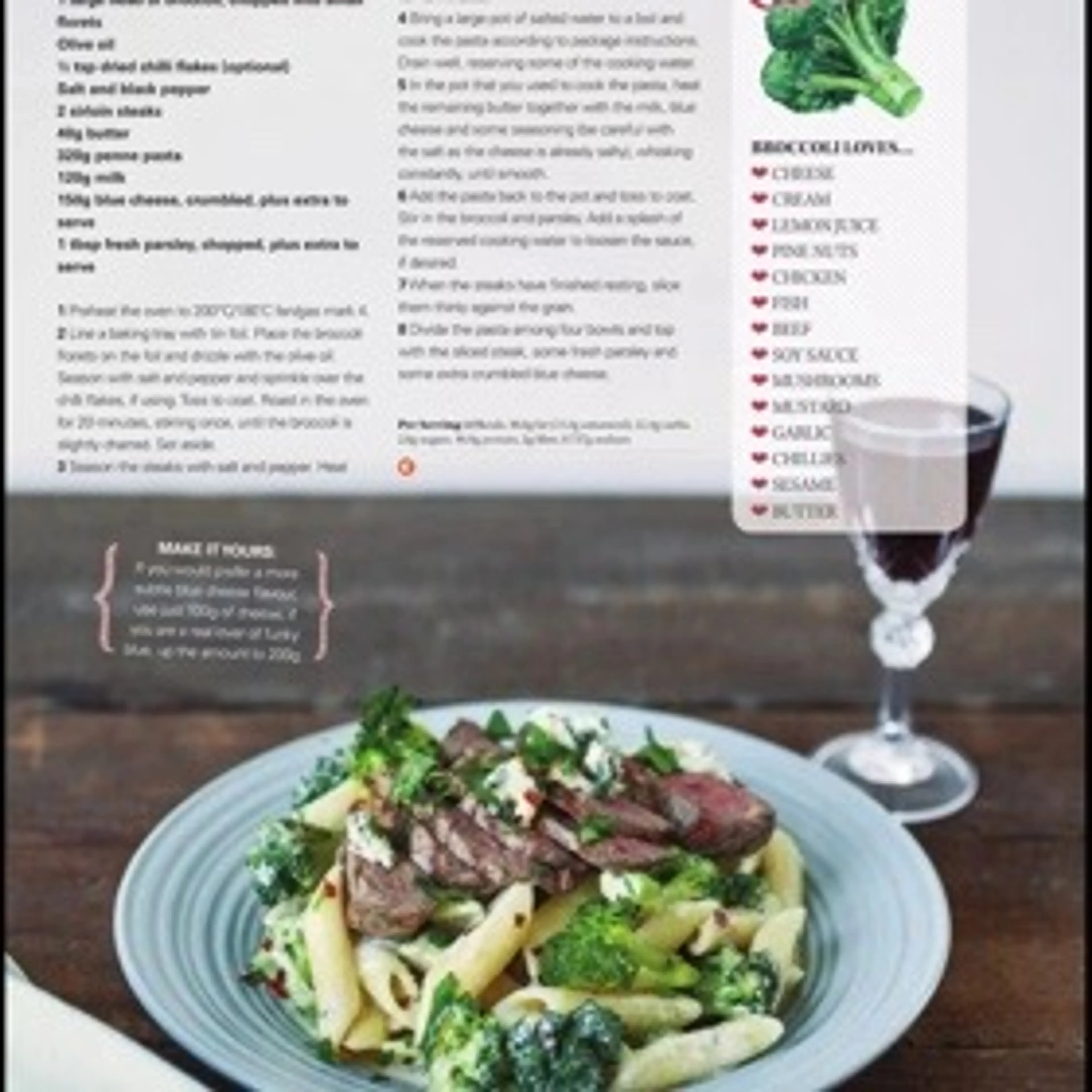 Steak, broccoli and blue cheese pasta