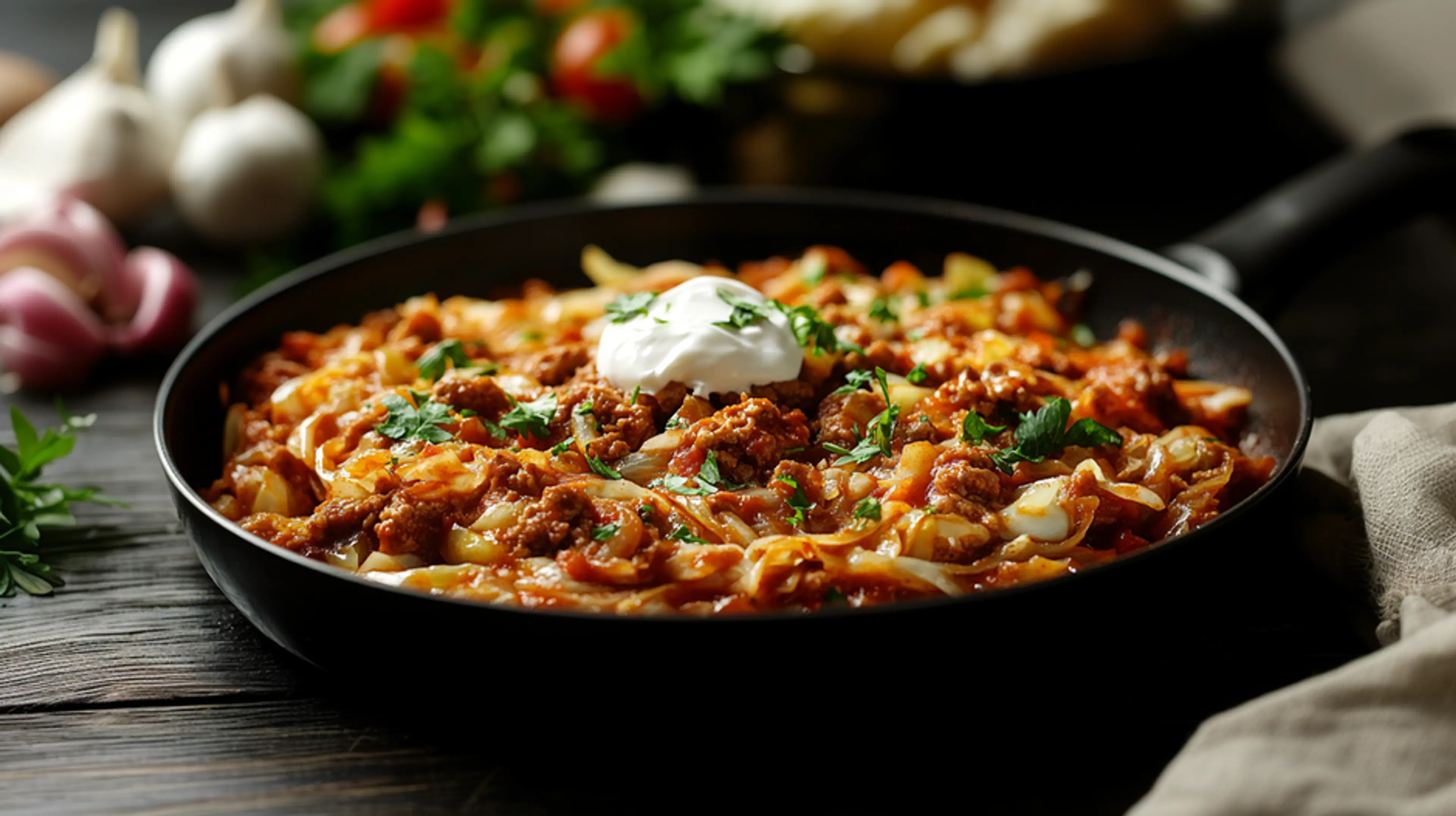 Spitzkohlpfanne mit Hackfleisch