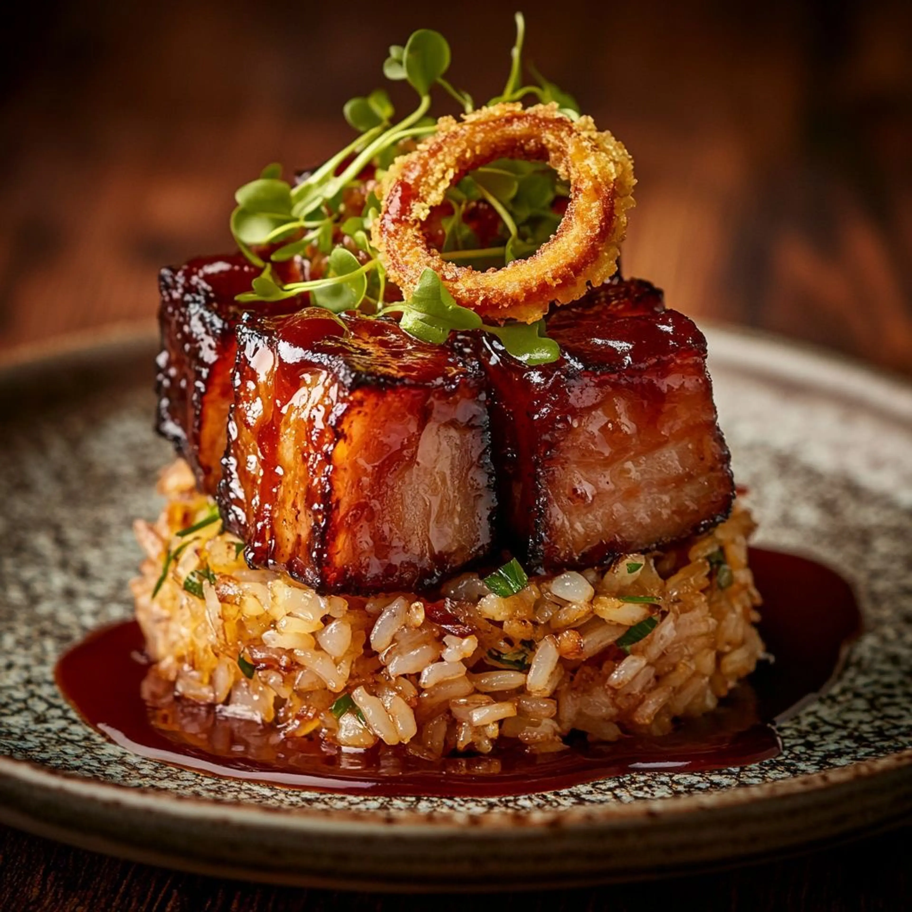 Roasted Pork Belly with Bourbon-peach Sauce, Fried Rice