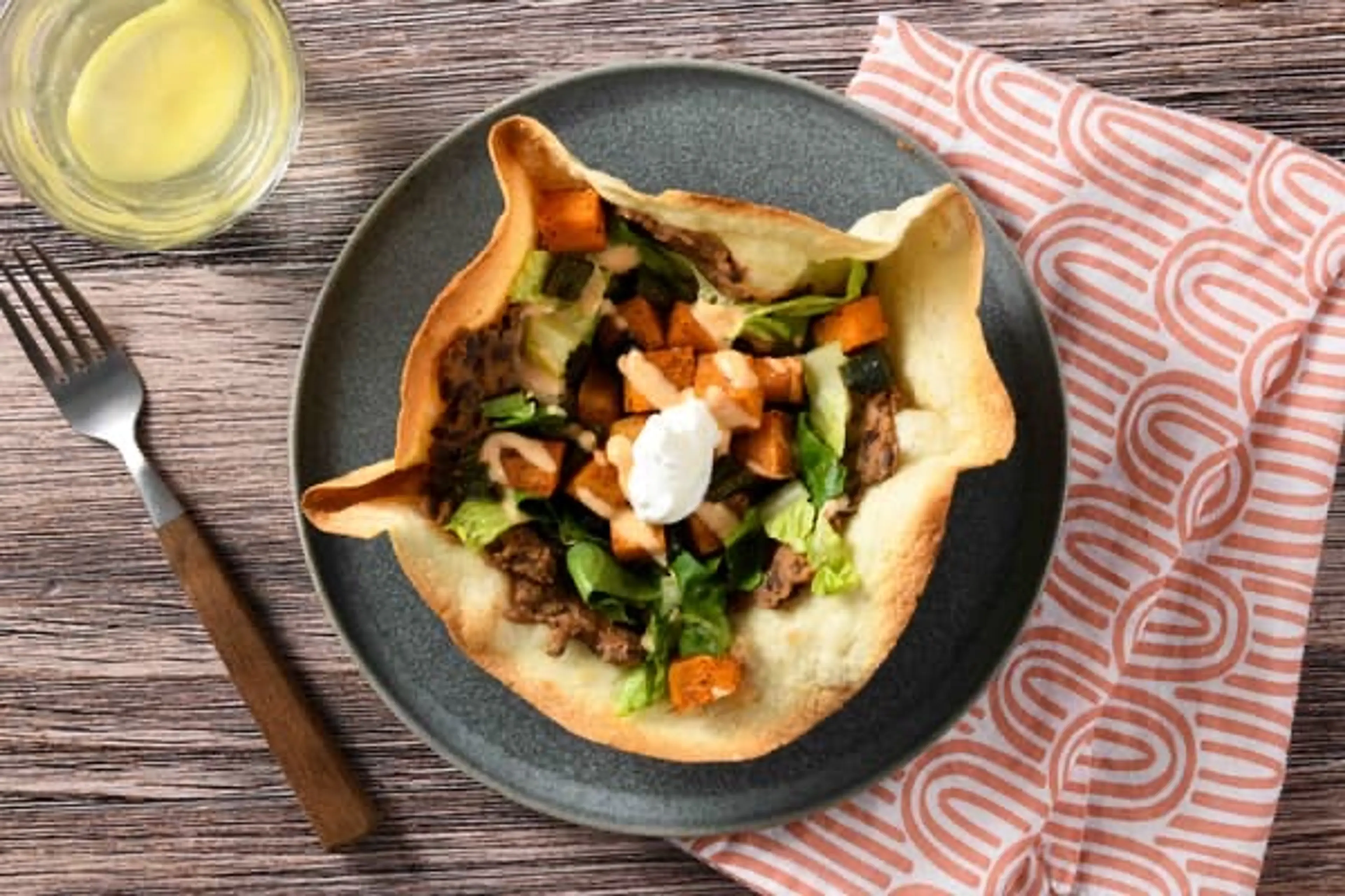 The "Big Cronch" Sweet Potato and Poblano Taco Bowl with chi