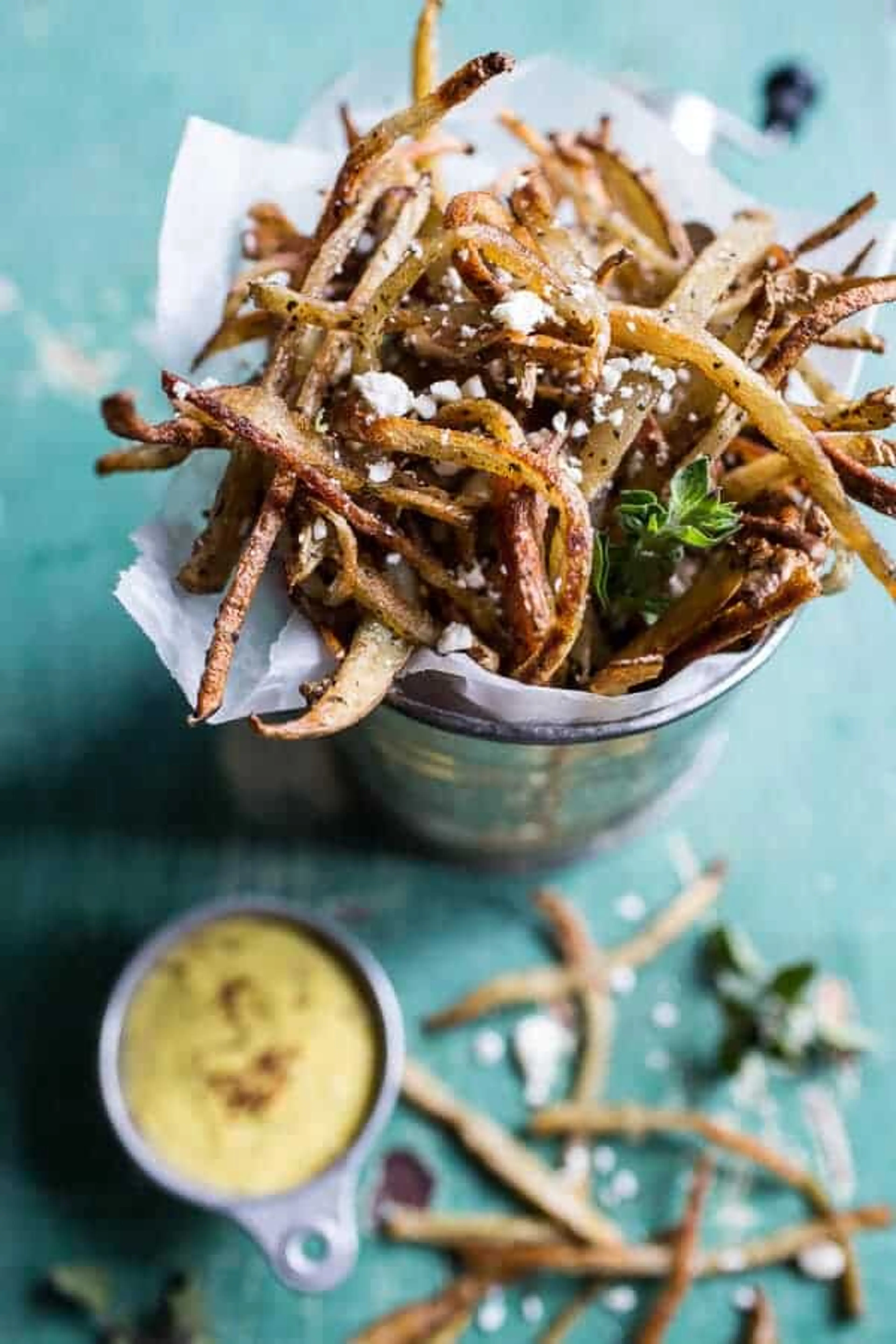 Greek Feta Fries with Roasted Garlic Saffron Aioli.