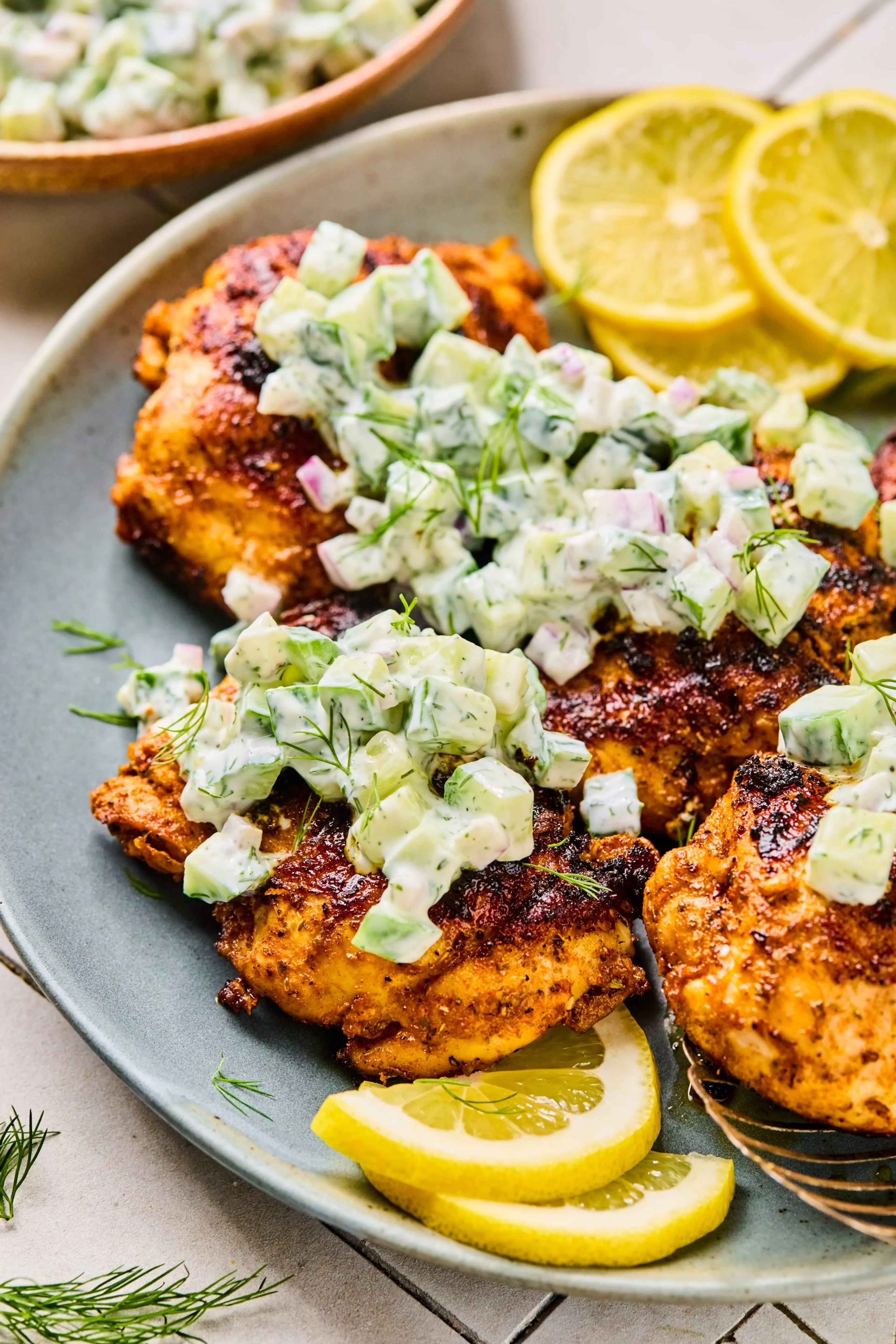 Spicy Mediterranean Chicken with Creamy Cucumber Salad