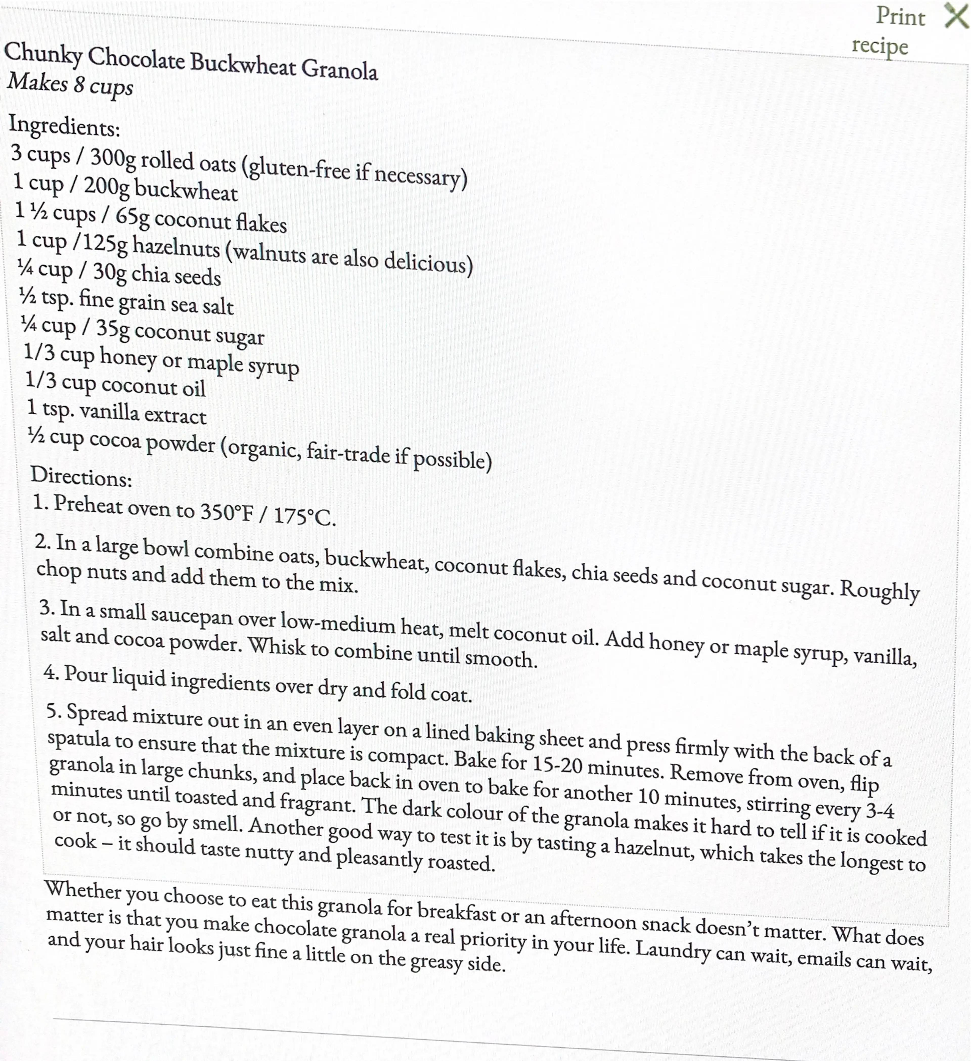 Chunky Chocolate Buckwheat Granola