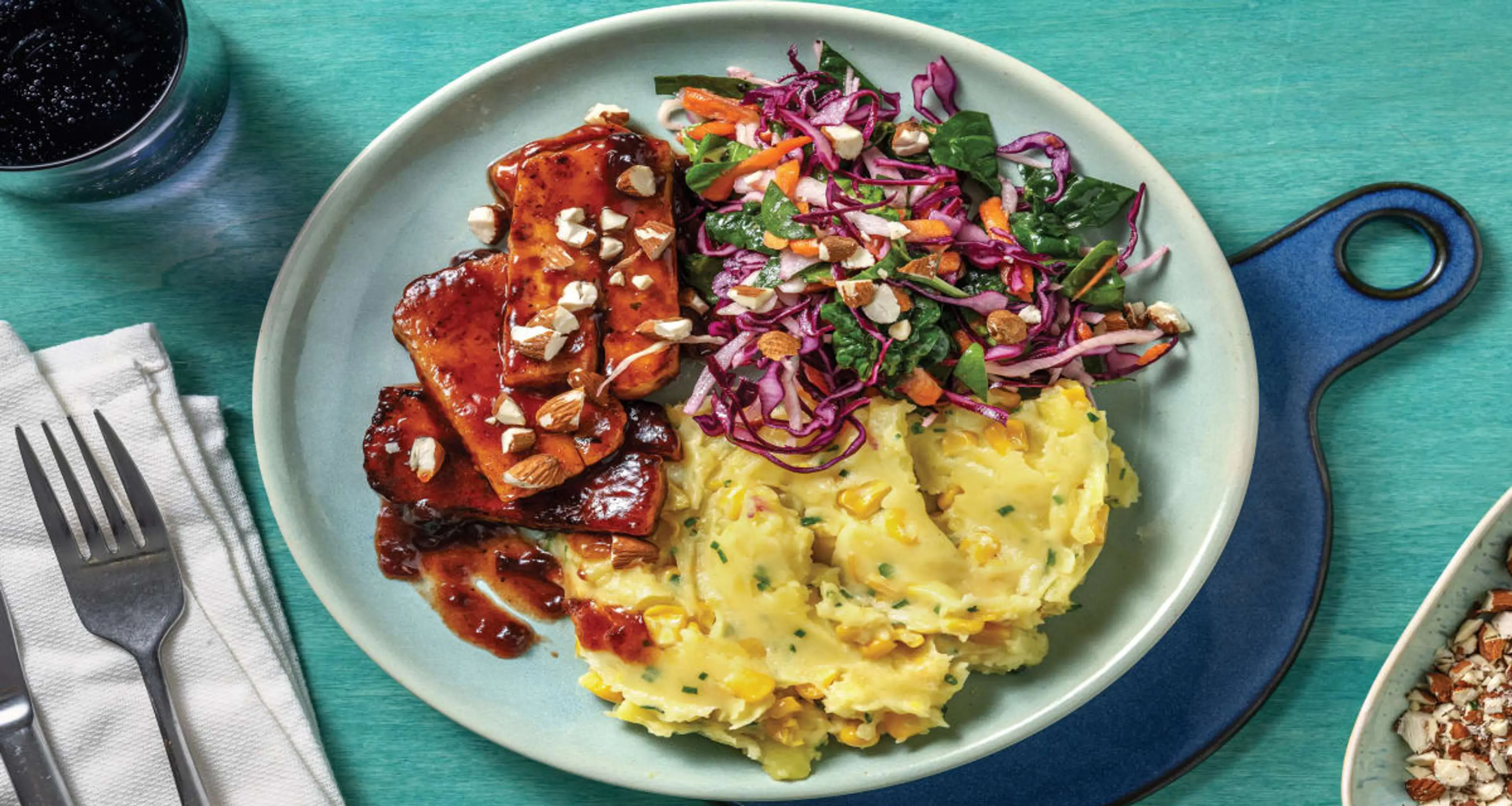 BBQ Cherry-Glazed Haloumi & Slaw with Sweetcorn & Crushed Po