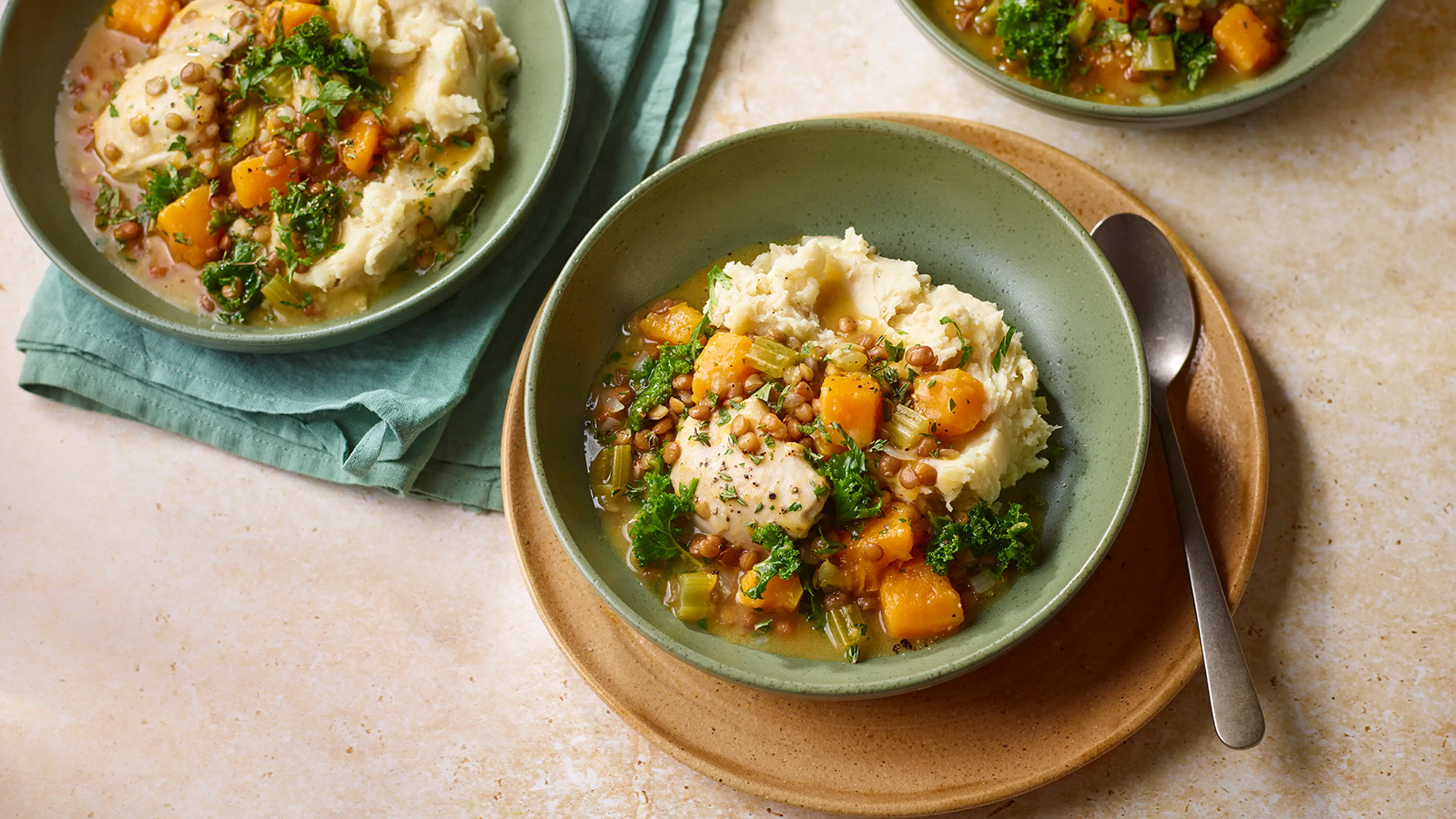 Chicken and kale stew with butter bean mash