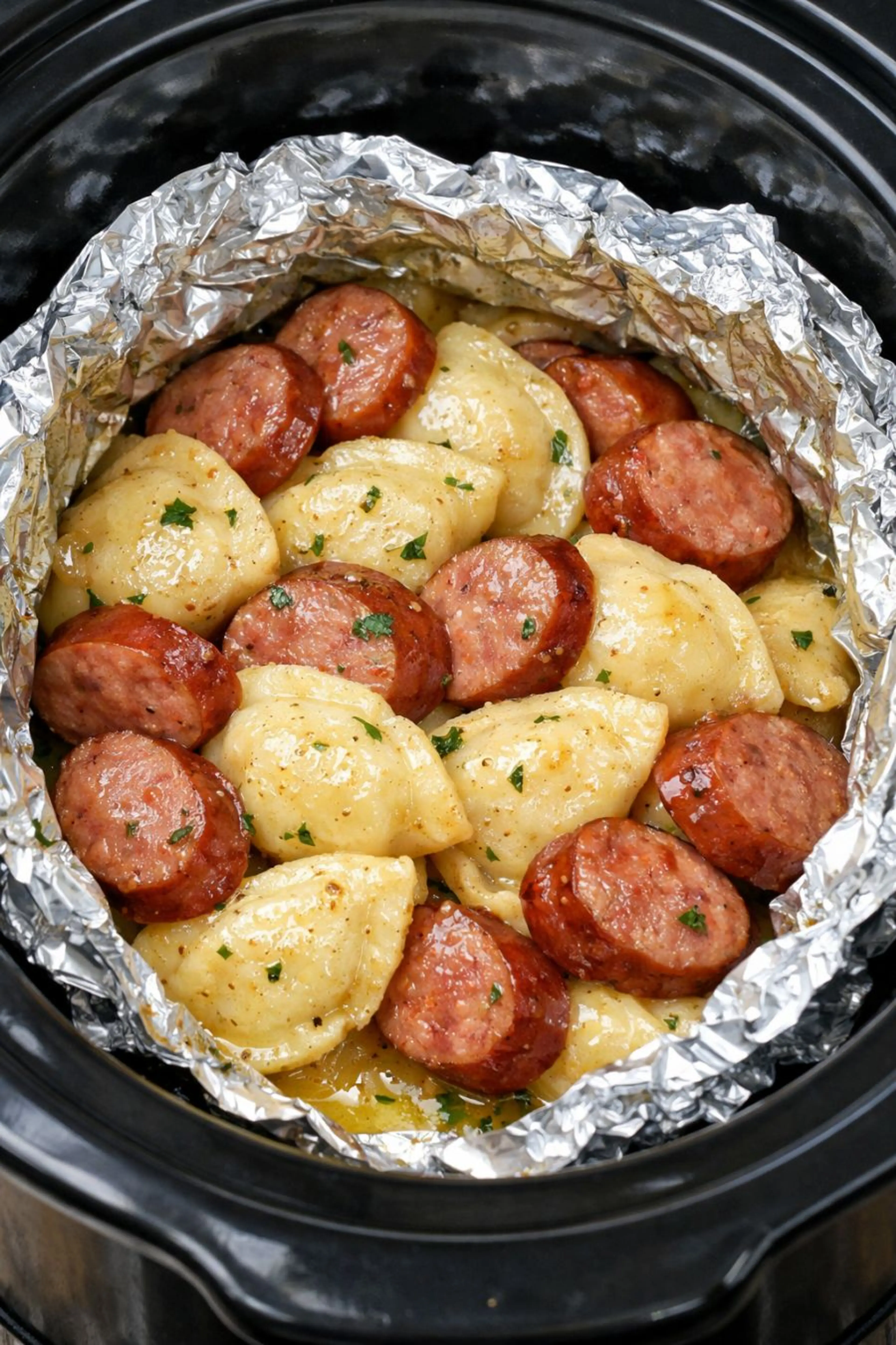 Slow Cooker Foil Packet Sausage and Pierogies