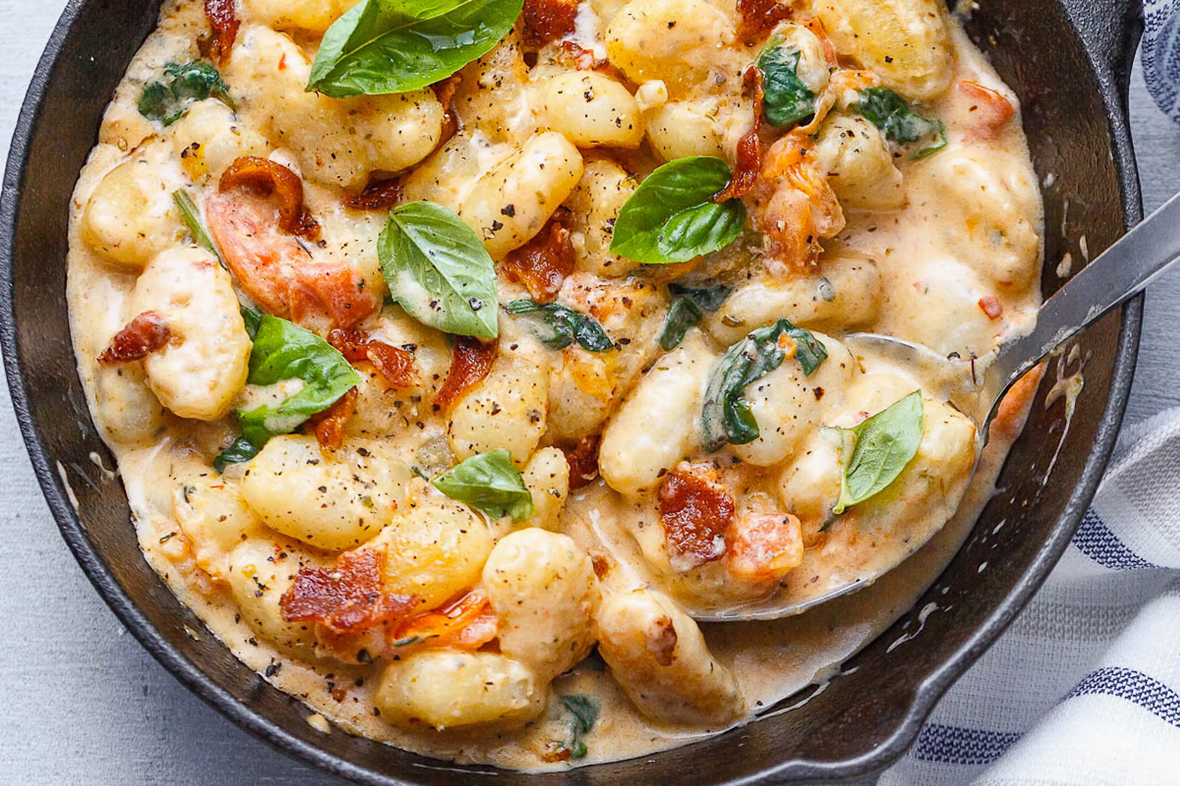 Rachel’s Gnocchi in Bacon Spinach Cream Sauce