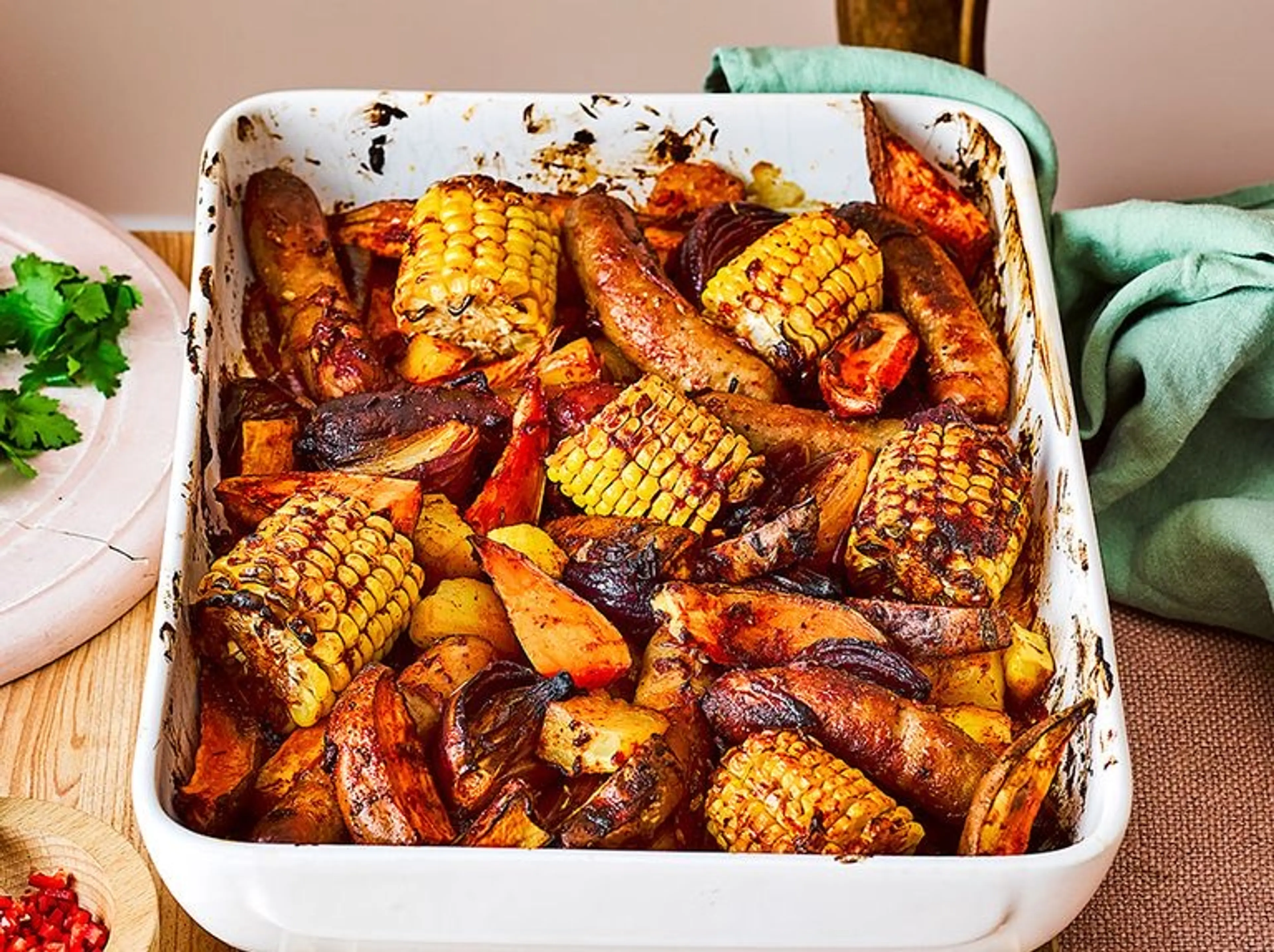 Sausage & sweet potato traybake