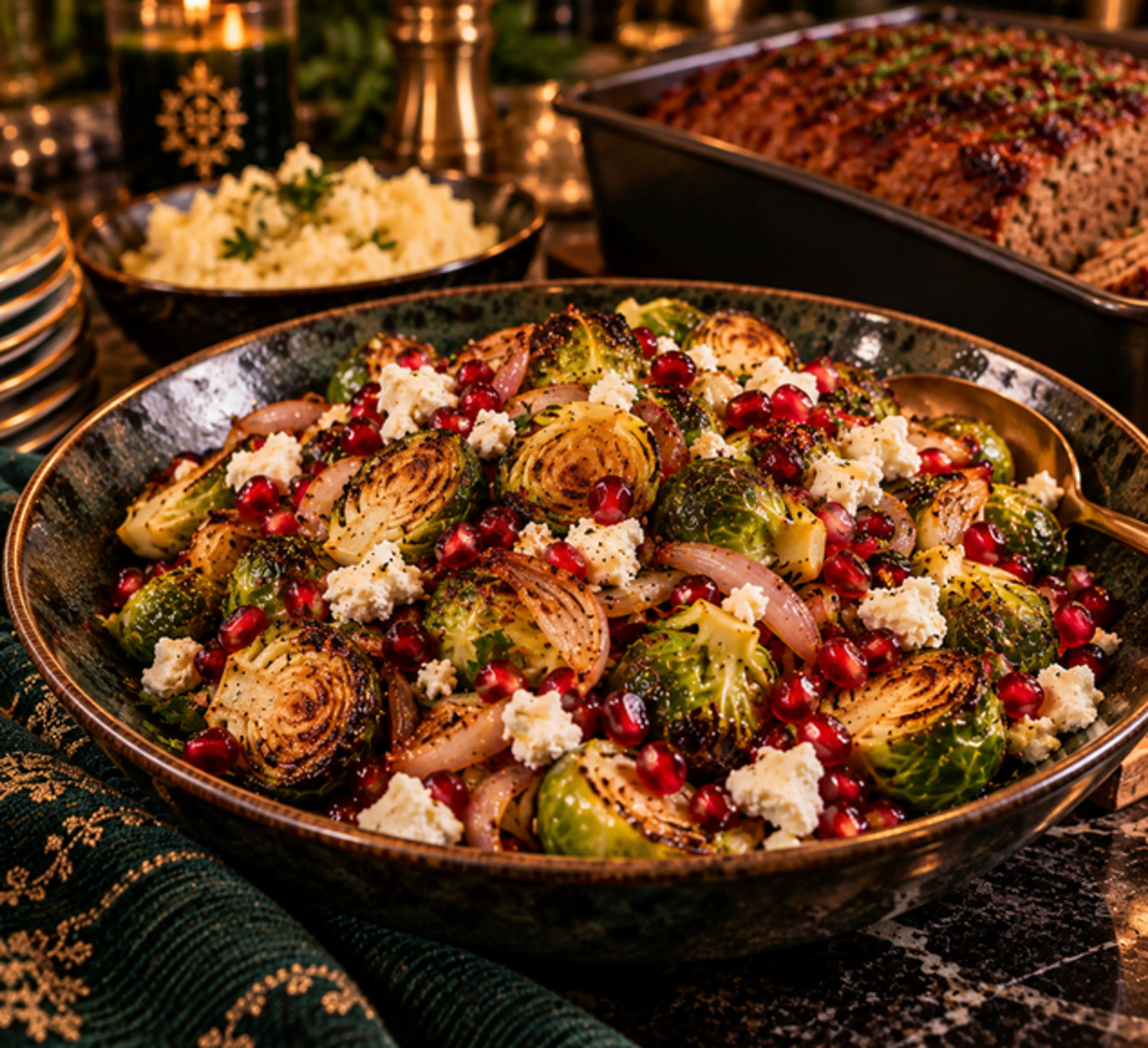 Roasted Brussels Sprouts with Goat Cheese & Pomegranate