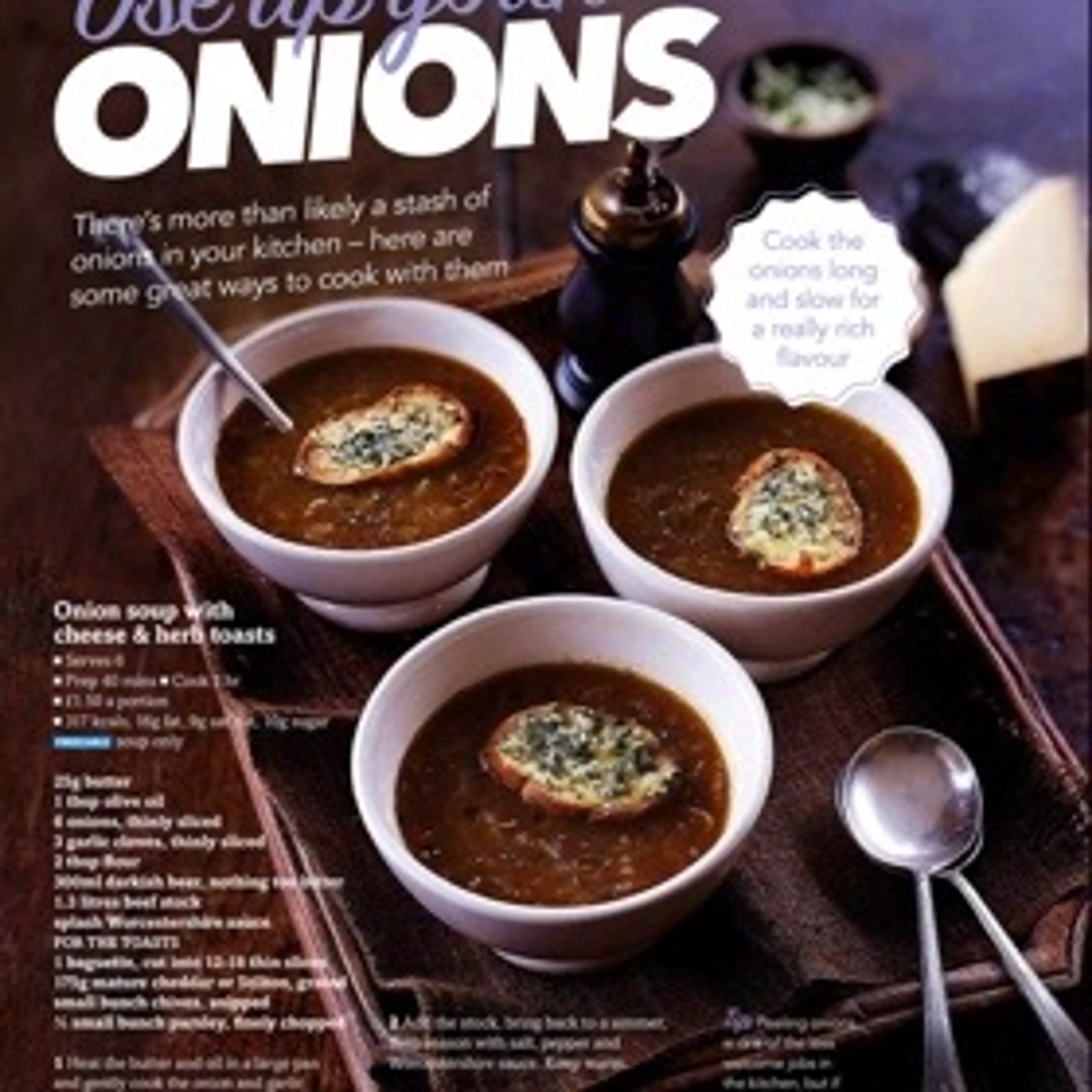 Onion soup with cheese & herb toasts