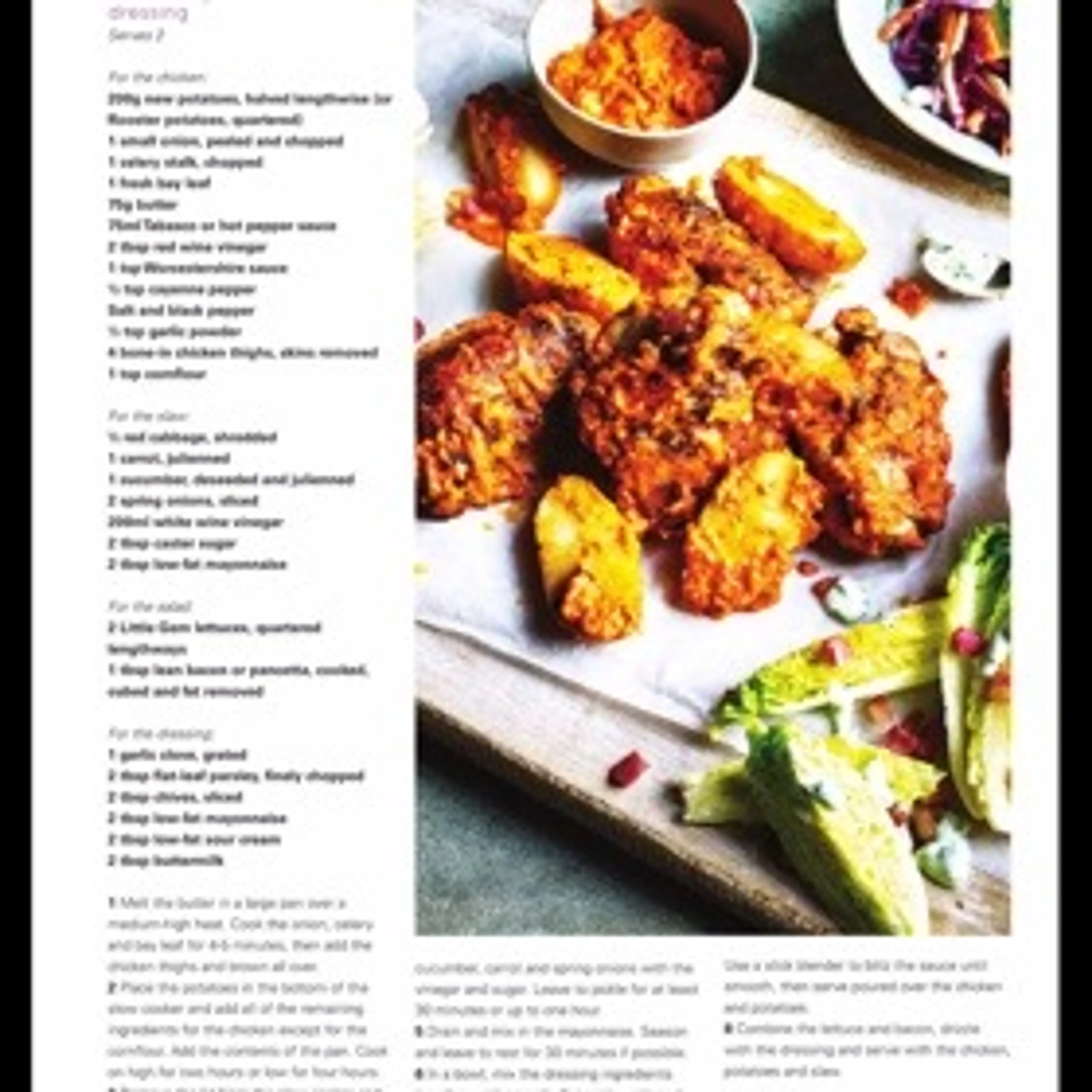 Buffalo-style slow cooked potato and chicken with slaw, wedg