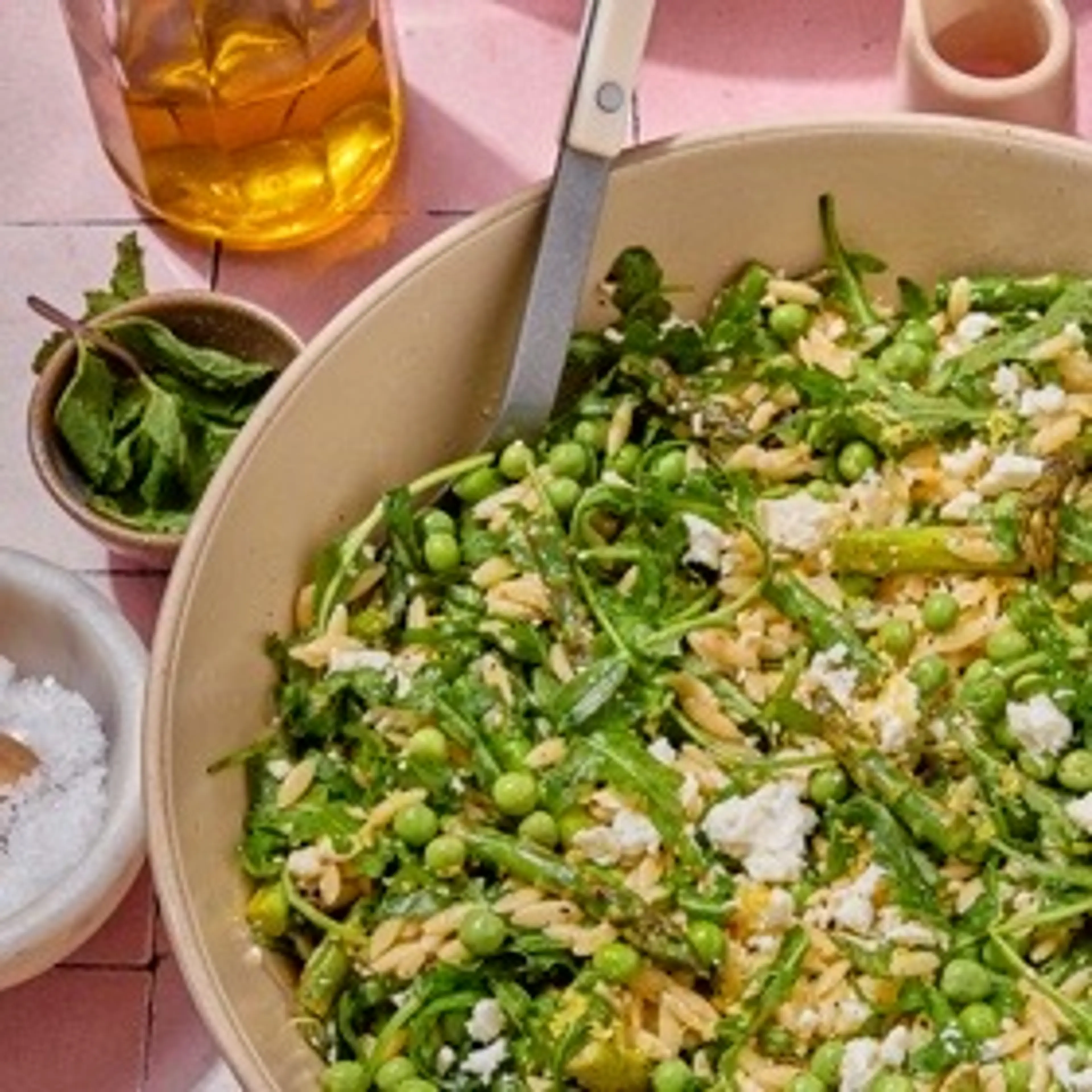 Spring Orzo Pasta Salad with Crispy Shallot Vinaigrette