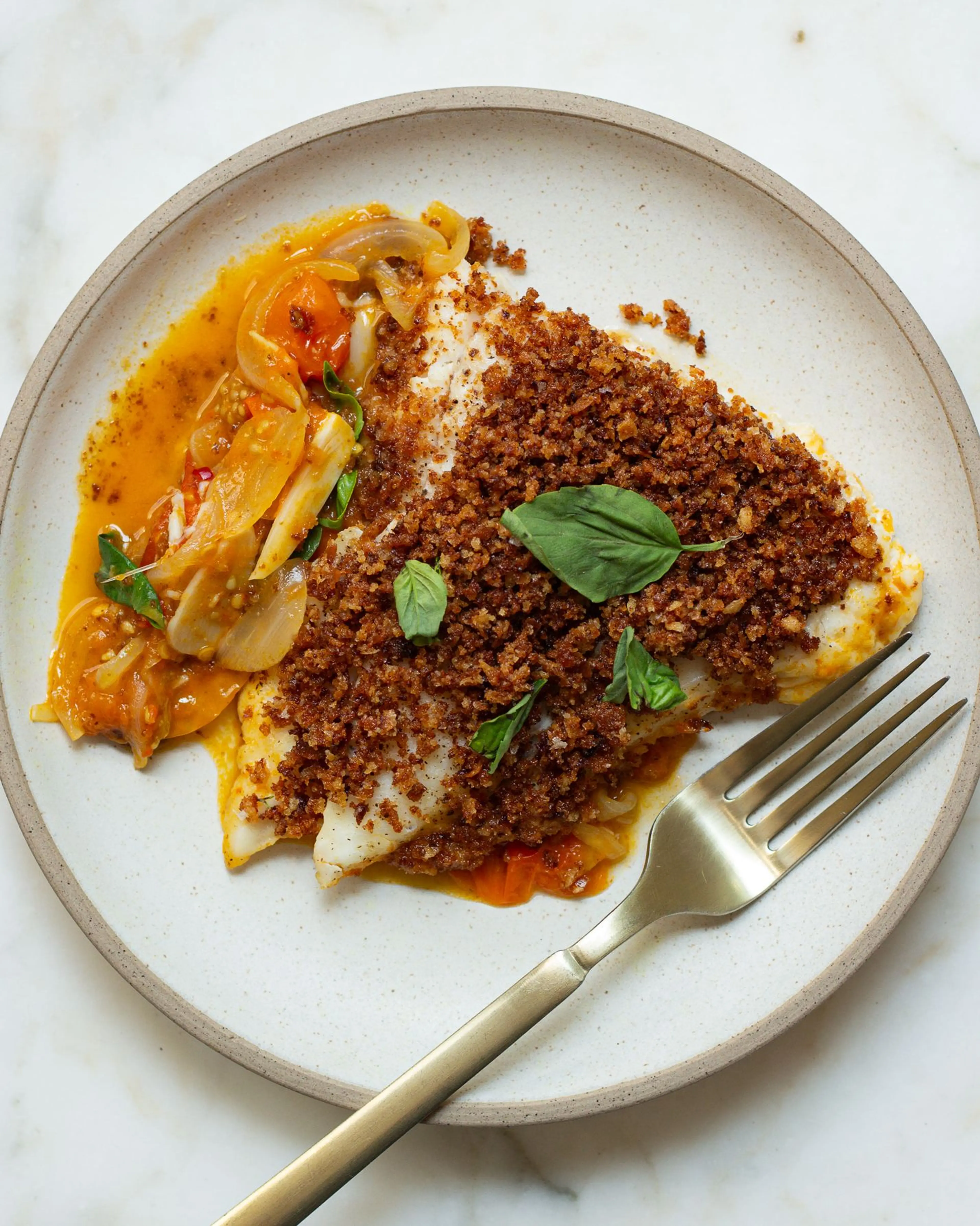 Breaded Halibut over Sungold Tomatoes