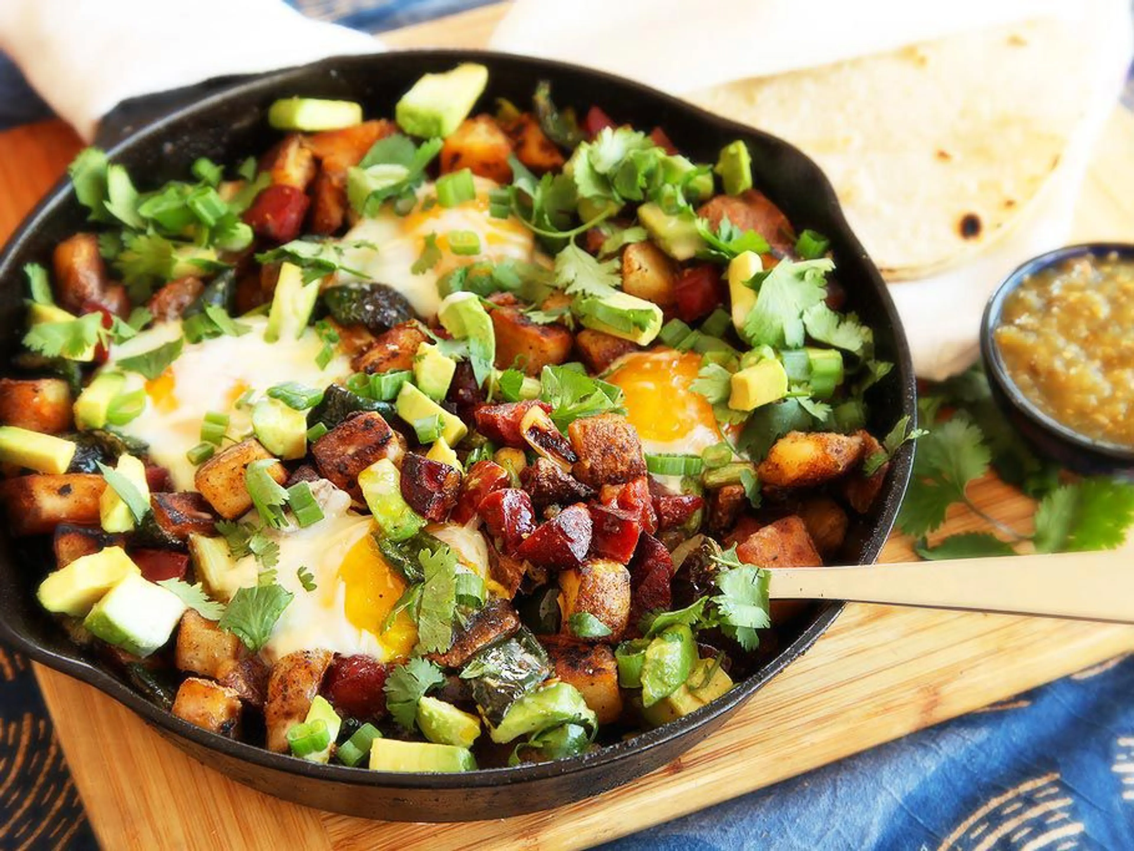 Crispy Potato, Chorizo, and Green Chili Hash With Avocado an
