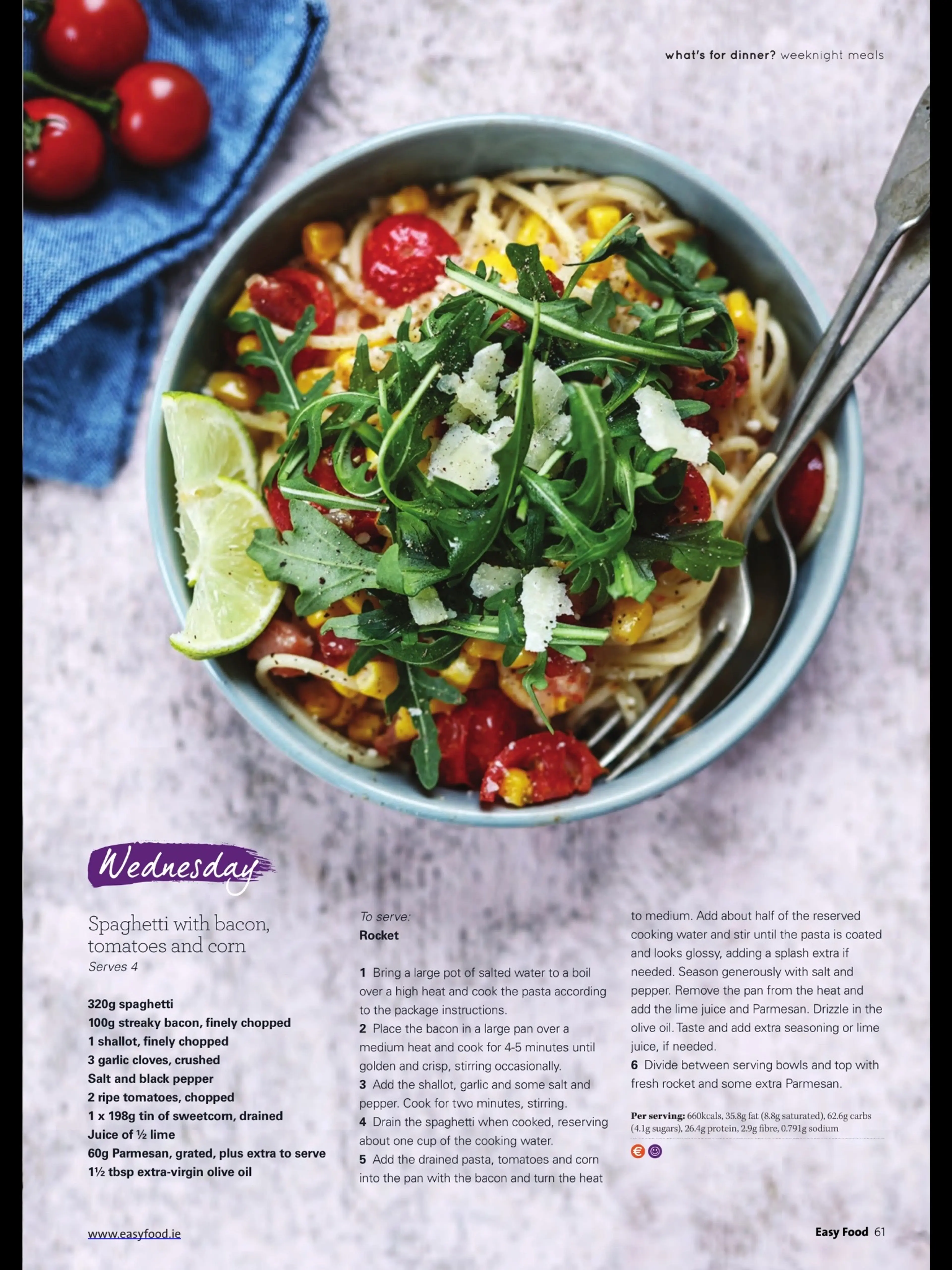 Spaghetti with bacon, tomatoes and corn