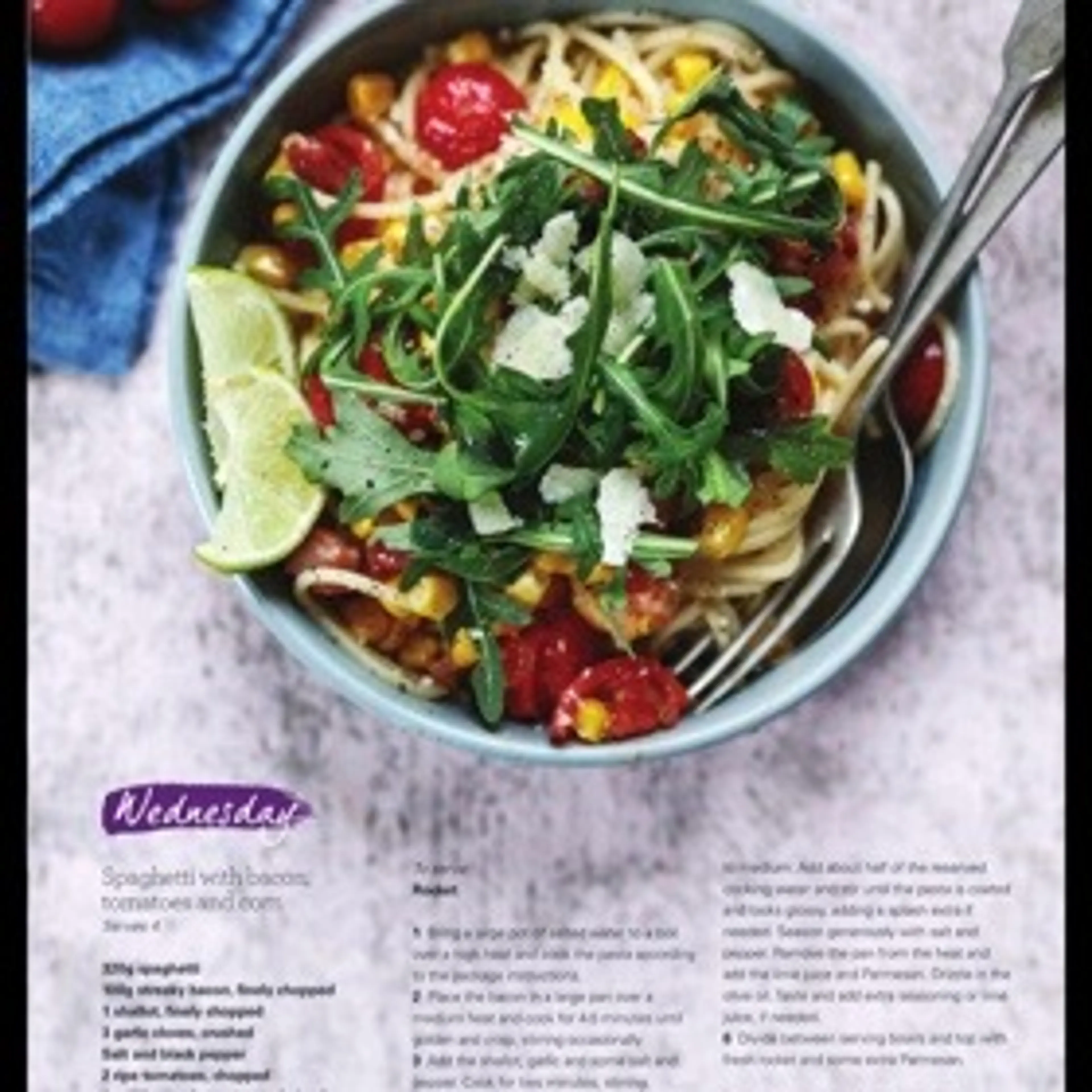 Spaghetti with bacon, tomatoes and corn