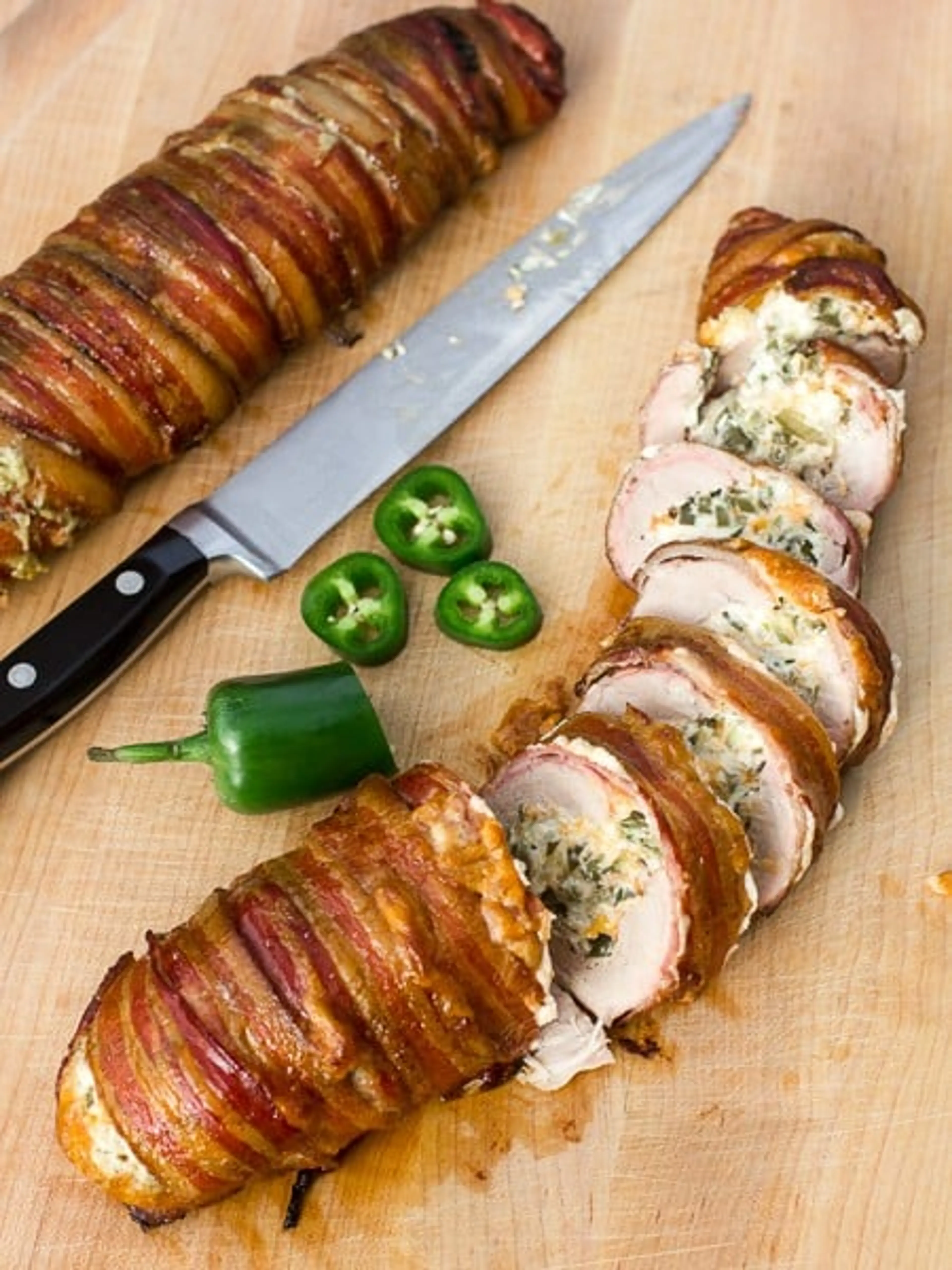 Jalapeño Popper Stuffed Smoked Pork Tenderloin Wrapped in Ba