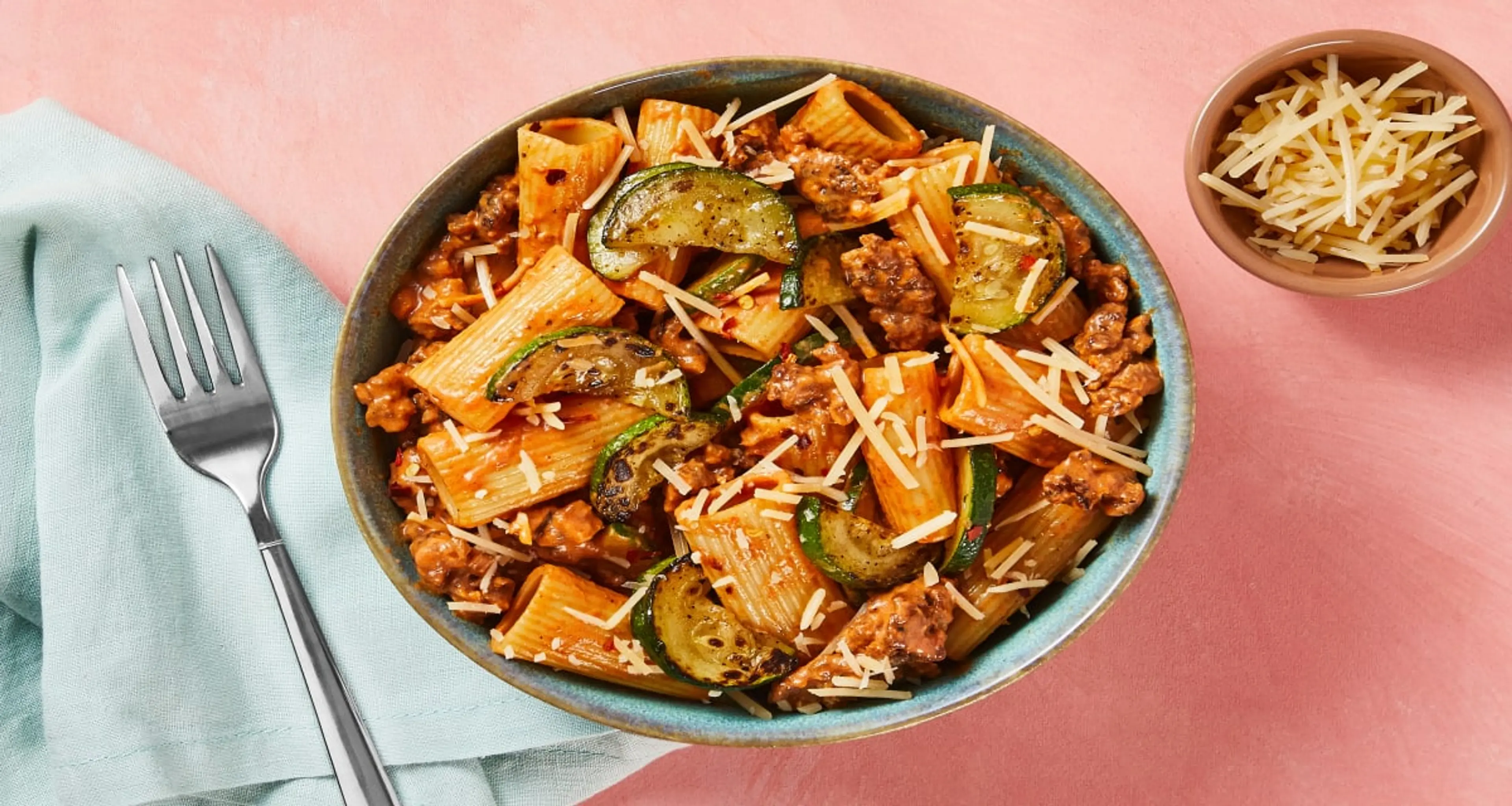 Turkey Rigatoni Rosa with Cream Cheese, Zucchini & Parm