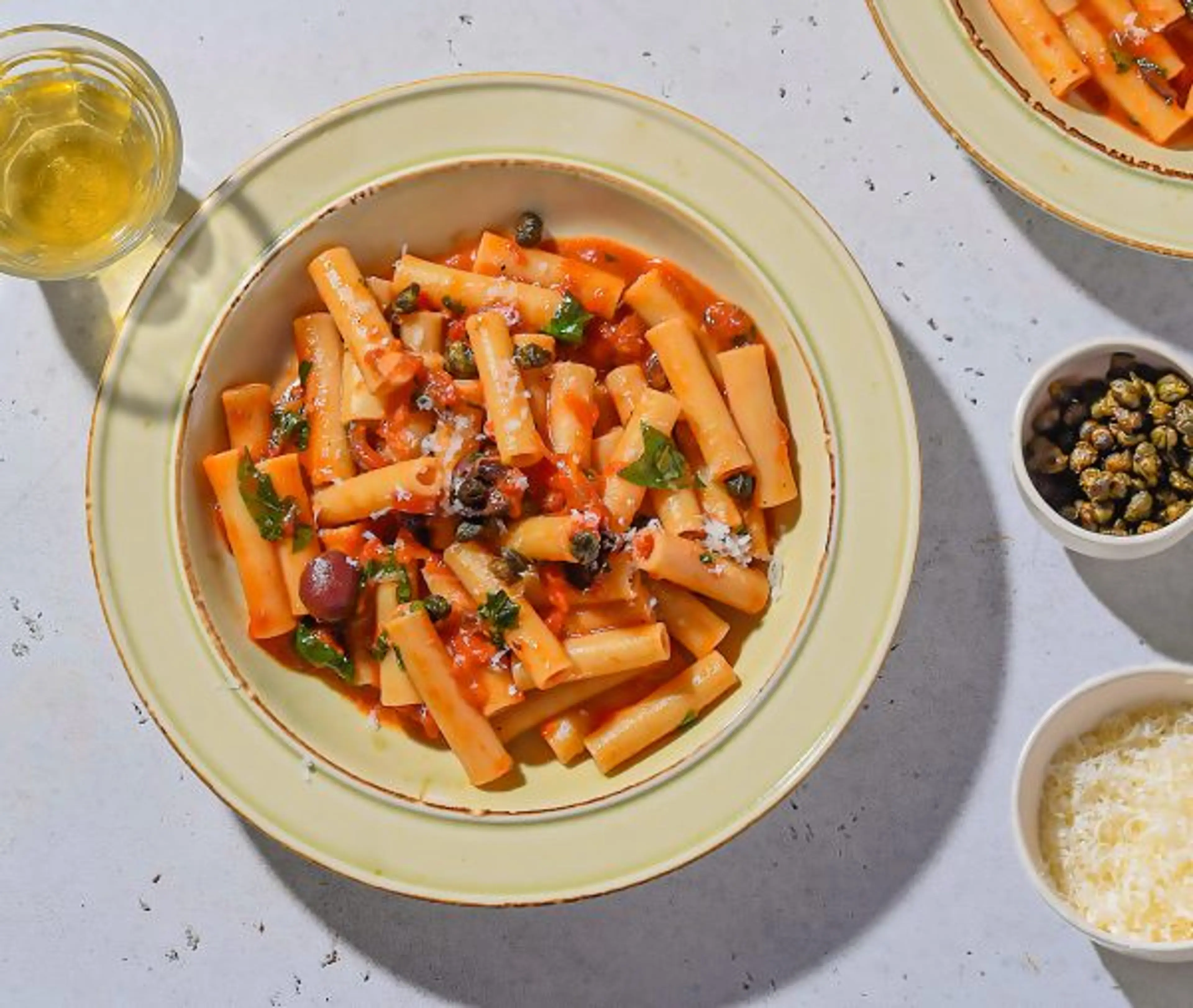 Ziti with Tomatoes, Olives and Fried Capers