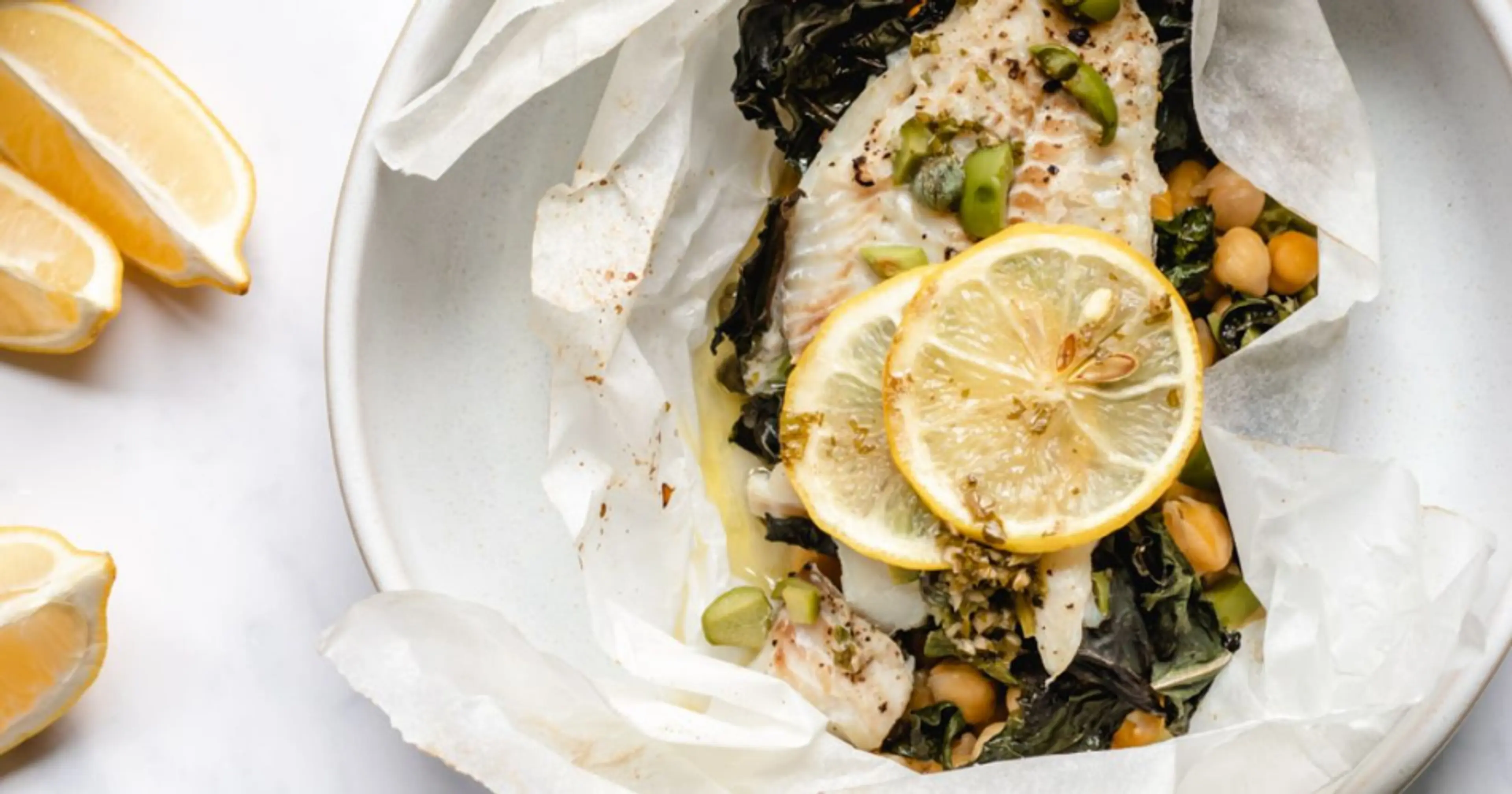 Fish en Papillote with Beans, Greens & Anchovy Butter Sauce