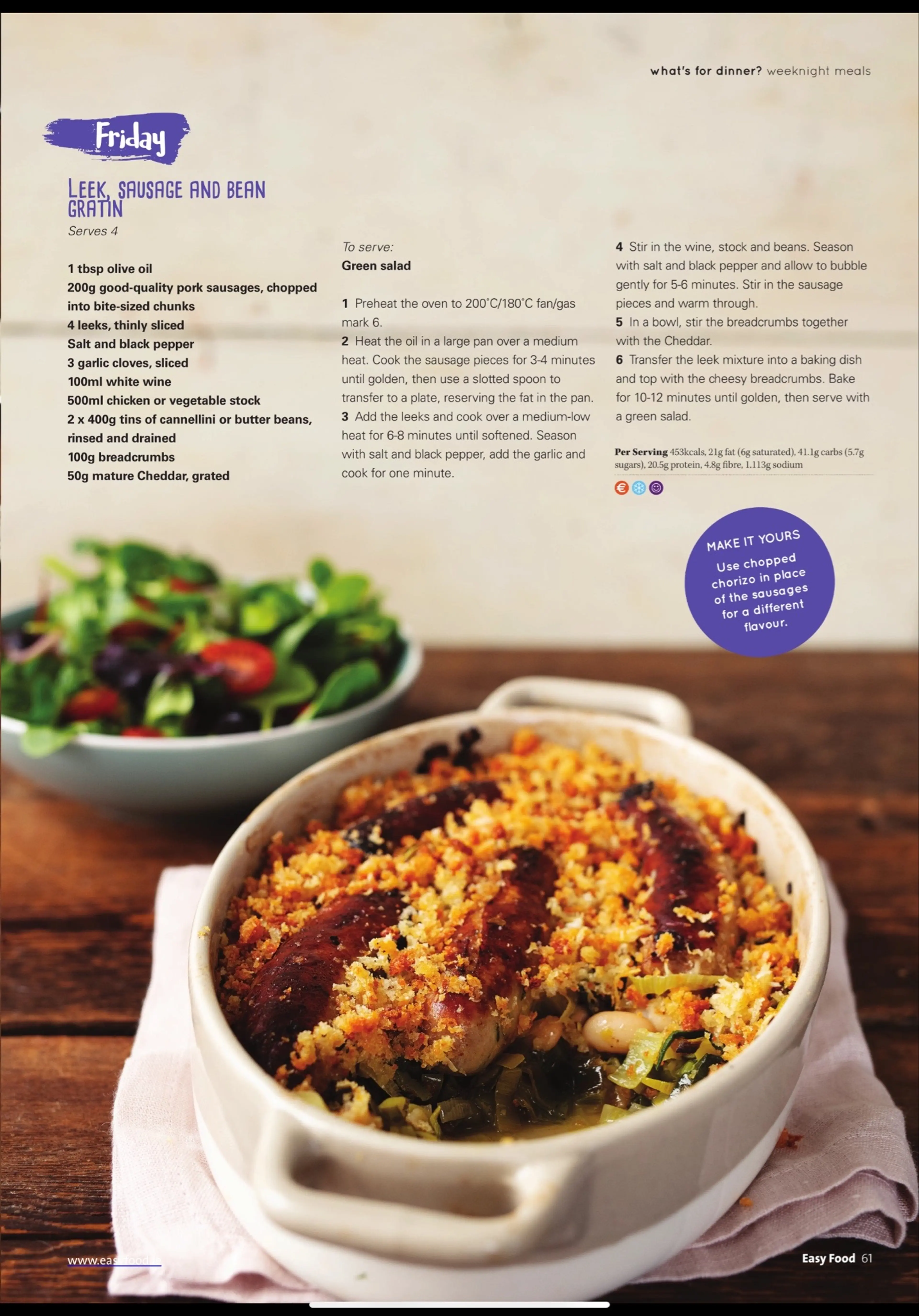 LEEK SAUSAGE AND BEAN GRATI N